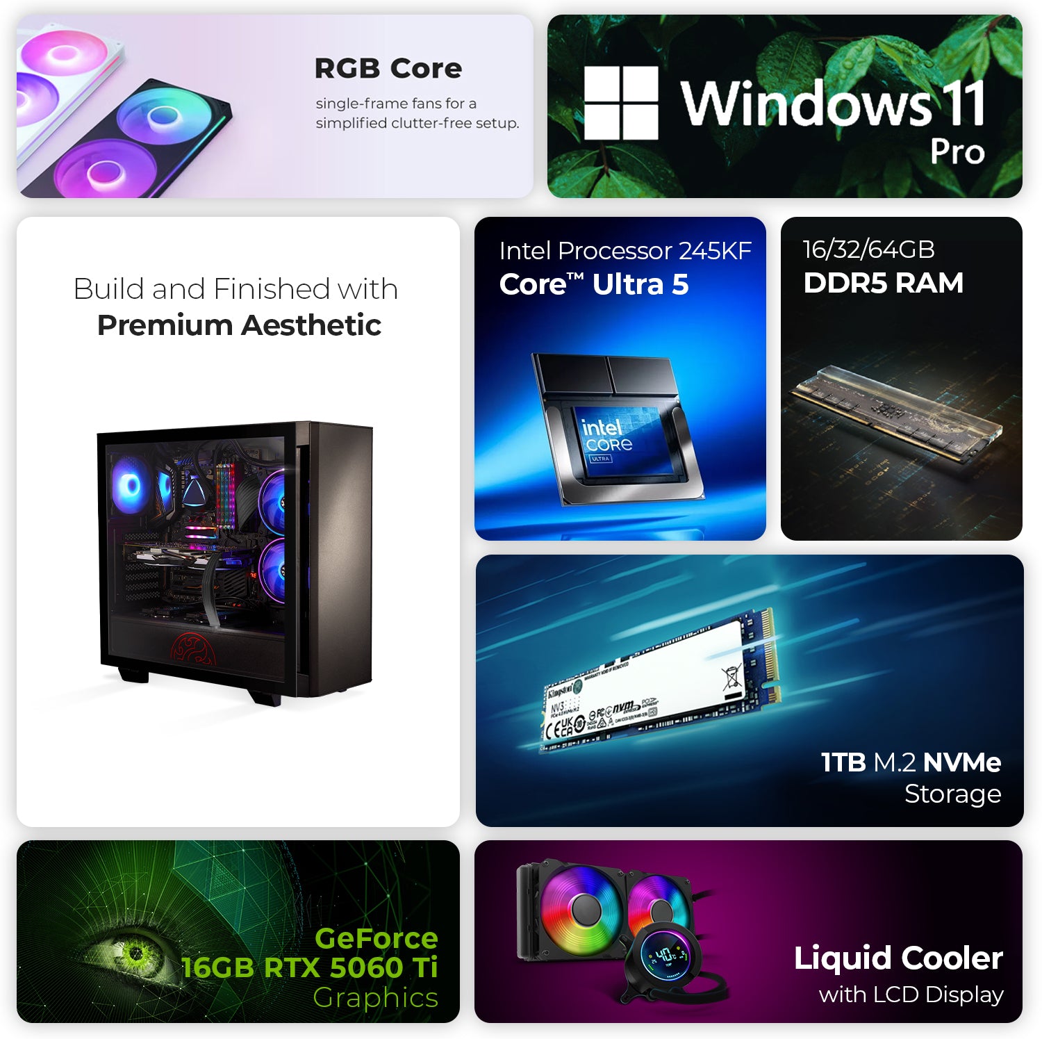 First Wave Cybershadow Gaming PC – Intel Core Ultra 5 245KF, RTX 5060 Ti  , 16,32,64GB DDR5 6000MHz, 1TB NVMe Gen4 SSD, 240mm Liquid Cooler, 750W Modular PSU, Black Mid-Tower Gaming Case