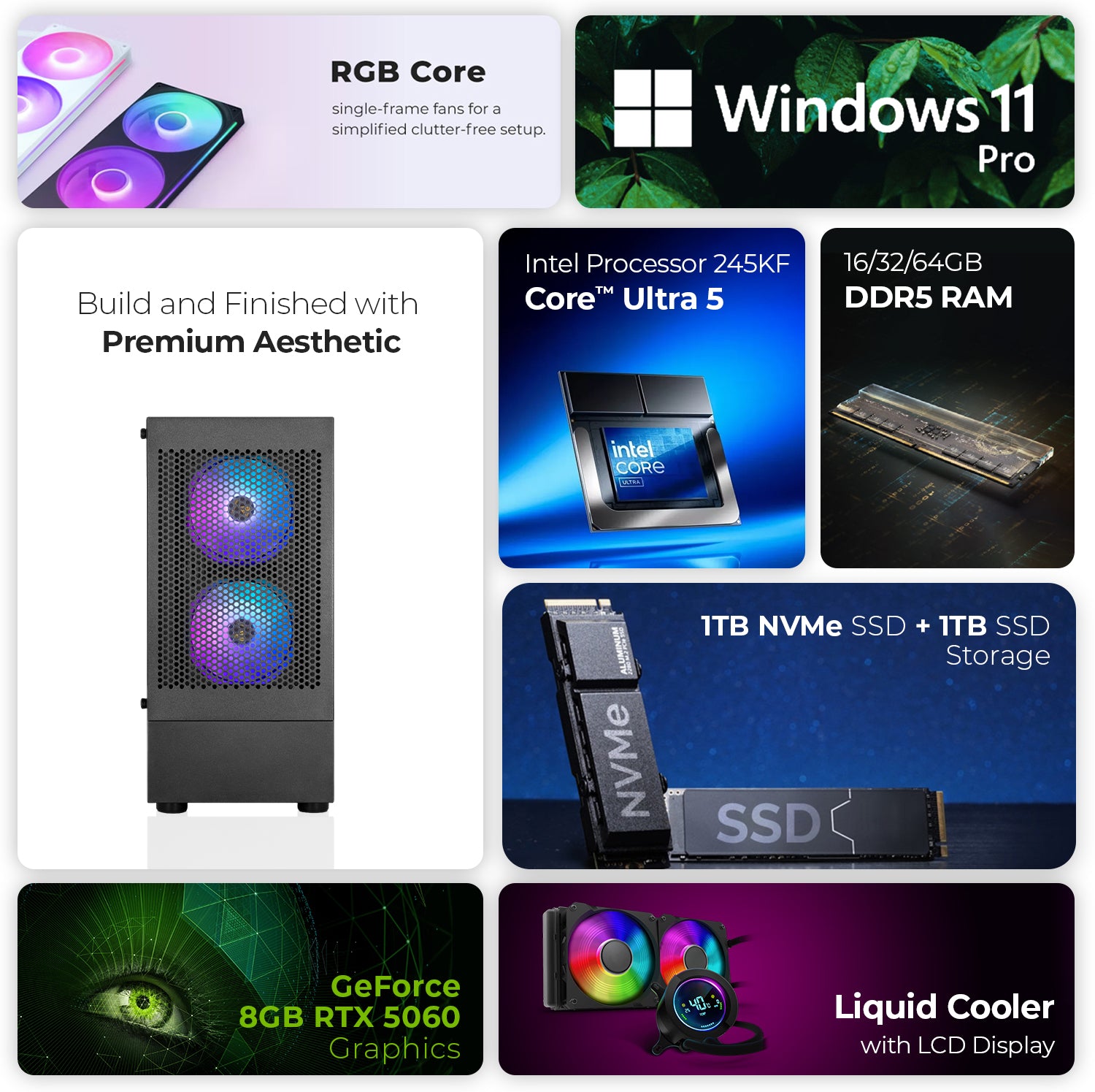 First Wave AstroPulse Gaming PC – Intel Core Ultra 5 245KF, RTX 5060 8GB, 16,32,64GB DDR5 6000MHz, 1TB NVMe Gen4 SSD + 1TB SATA SSD, 240mm Liquid Cooler, 750W Modular PSU, Mesh Black Mid Tower Gaming Case