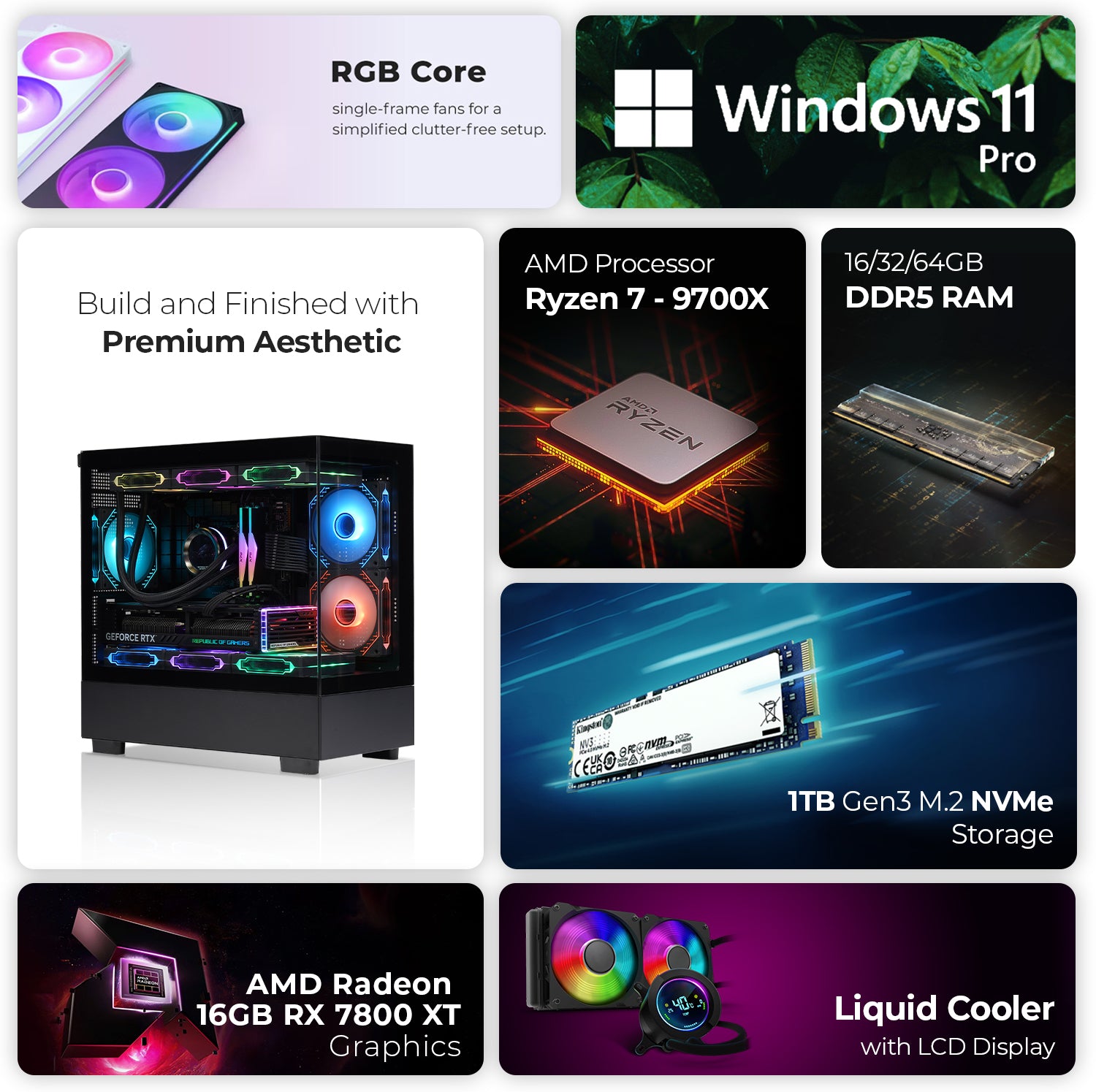 First Wave SurgeBreaker Gaming PC – Ryzen 7 9700X Processor, RX 7800 XT   GPU, 16,32,64GB DDR5 6000MT/s RAM, 1TB NVMe Gen4 SSD, 360mm Liquid Cooling, 750W Modular PSU, Blade Elite ATX Gaming Case