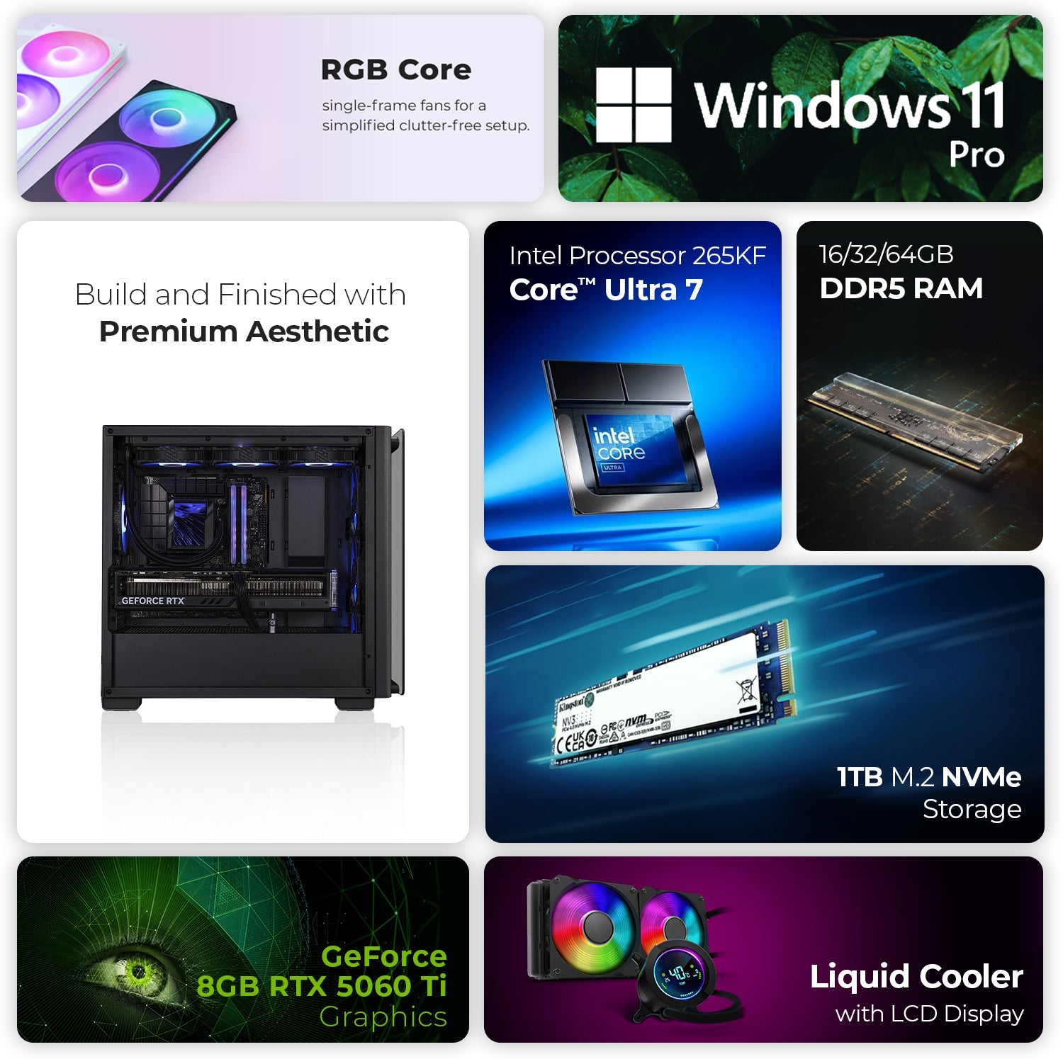 First Wave SkyForge Gaming PC – Intel Core Ultra 7 265KF, RTX 5060 Ti 8GB, 16,32,64GB DDR5 6000MHz, 1TB NVMe Gen4 SSD, 240mm Liquid Cooler, 750W Modular PSU, ARGB Black Mid-Tower Gaming Case