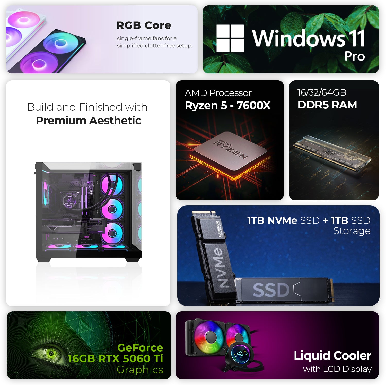 First Wave Pulsehammer Gaming PC – Ryzen 5 7600X Desktop, RTX 5060 Ti   GPU, 16,32,64,B DDR5 6000MT/s RAM, 1TB NVMe SSD + 1TB SATA SSD, 240mm Liquid Cooler, 750W Modular PSU, Three-Sided Tempered Glass ARGB Case