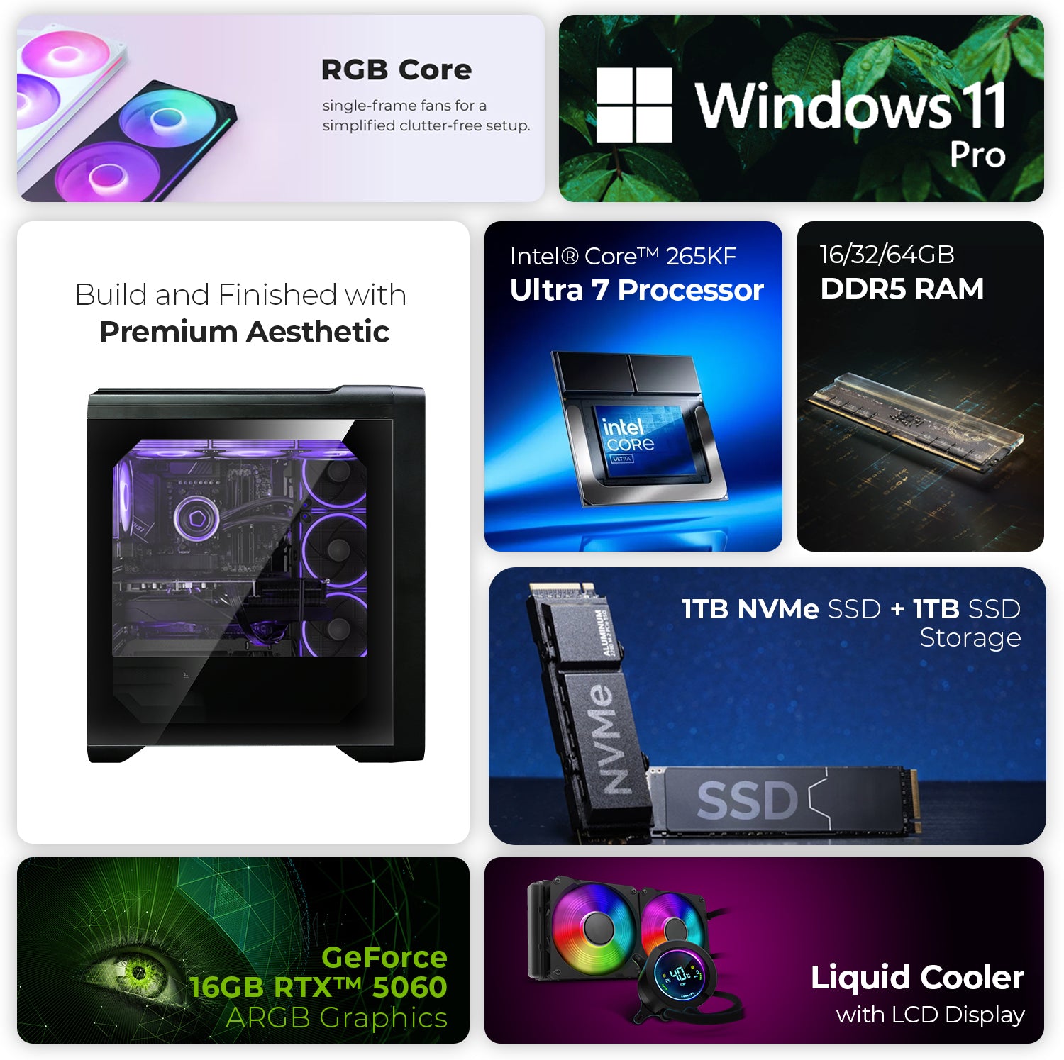 First Wave TechSoul Gaming PC – Intel Core Ultra 7 265KF, RTX 5060 Ti 16,32,64GB,   DDR5 6000MHz, 1TB NVMe Gen4 SSD + 1TB SATA SSD, 240mm Liquid Cooler, 750W Modular PSU, RGB MATX Mini Tower Gaming Case