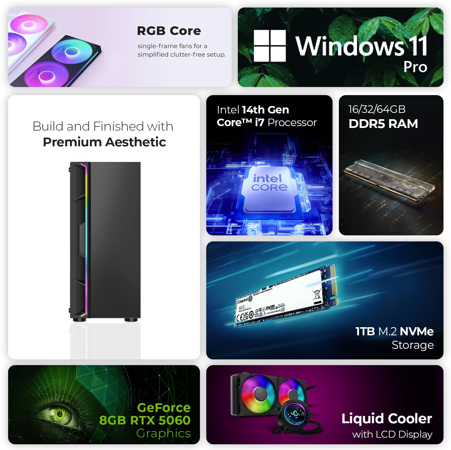 First Wave Raptor-X Gaming PC, Intel Core i7 14th Gen, RTX 5060 8GB, 16,32,64GB DDR5 RAM, 1TB NVMe Gen4 SSD, Liquid Cooled, High Airflow RGB Case, 750W Modular PSU