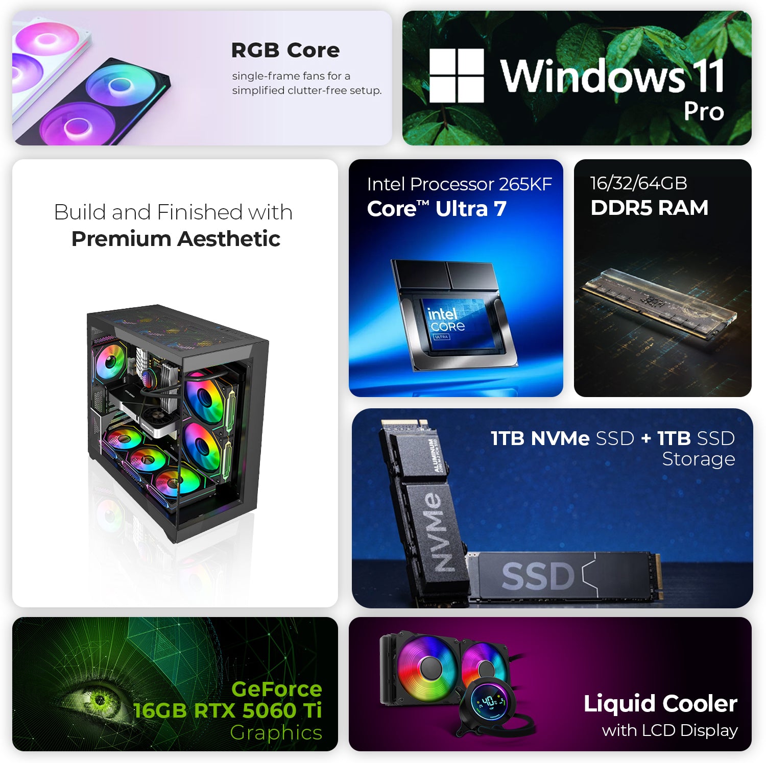 First Wave AetherDrive Gaming PC – Intel Core Ultra 7 265KF, RTX 5060 Ti  , 16,32,64GB DDR5 6000MHz, 1TB NVMe Gen4 SSD + 1TB SATA SSD, 240mm Liquid Cooler, 750W Modular PSU, Mini Tower Gaming Case