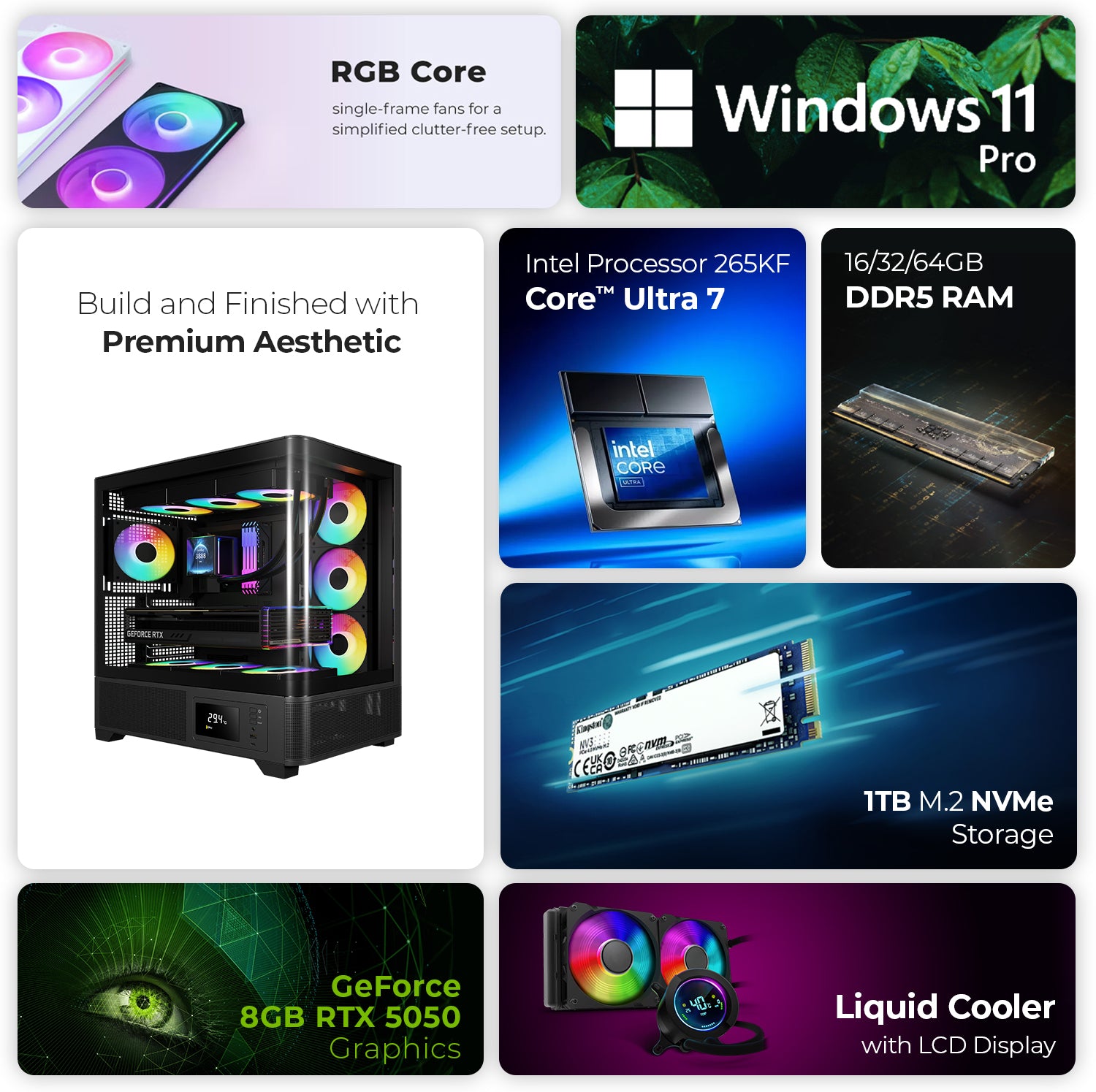 First Wave Paragon-X Gaming PC – Intel Core Ultra 7 265KF, RTX 5050 8GB, 16,32,64GB DDR5 6000MHz, 1TB NVMe Gen4 SSD, 240mm Liquid Cooler, 750W Modular PSU, Mid-Tower Gaming Case