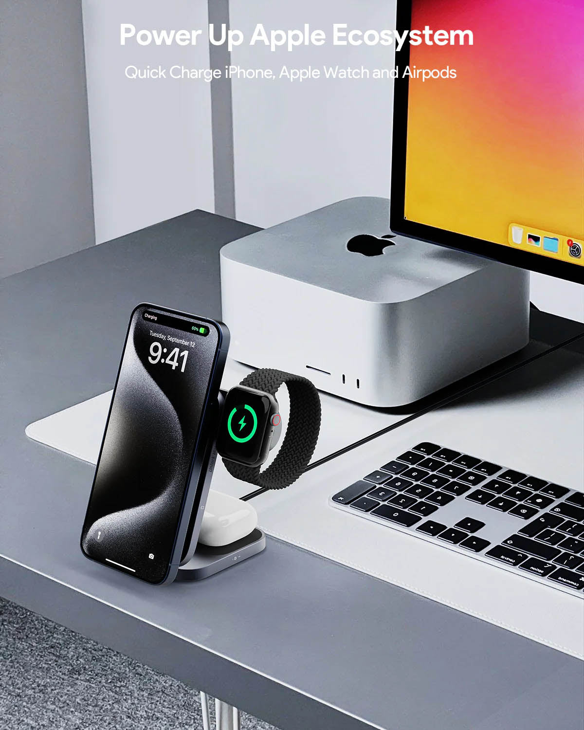 AUKEY MagFusionZ 3-in-1 Foldable Magnetic Fast Wireless Charging Station - Black