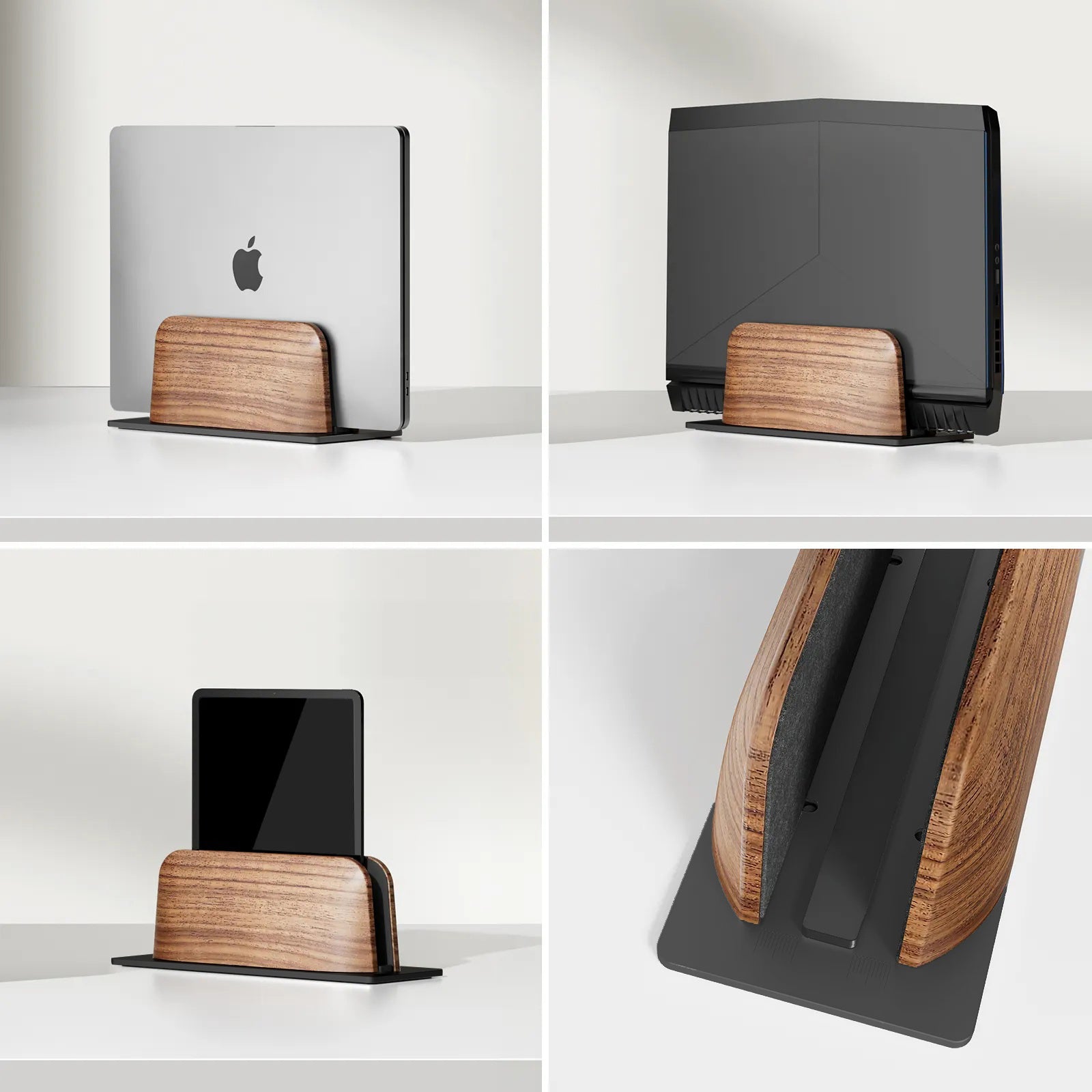 First Wave Vertical Laptop Stand – Premium Black Walnut Wood Dock for MacBook, MacBook Pro & All Laptops 13/14/15/15.6/17 inches – Space-Saving Wooden Laptop Holder for Desk Organization & Cooling