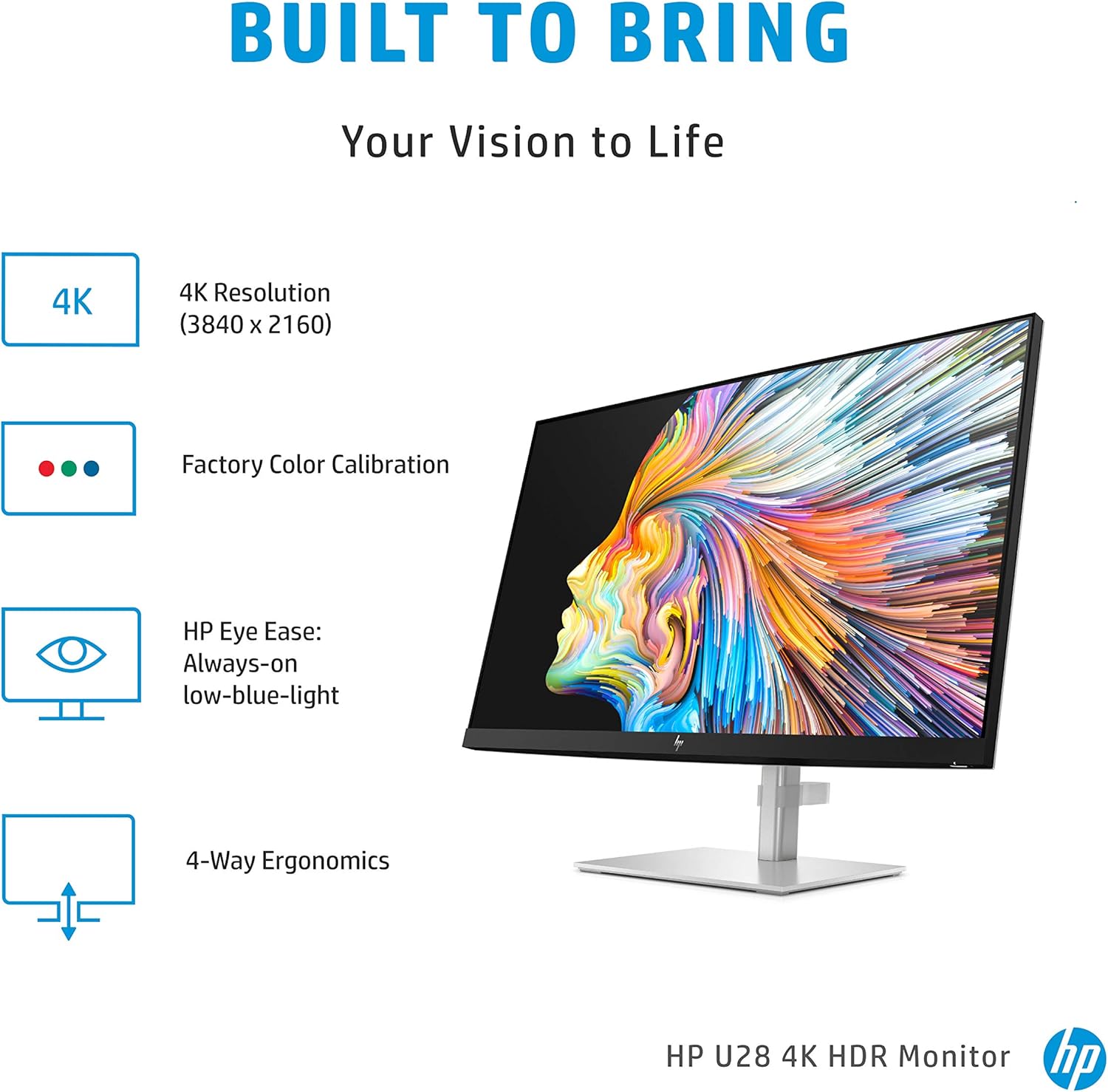 HP U28 4K HDR Display - 27.9 Inch, 4ms Response, 400nits Brightness, HDMI, USB-C, DisplayPort, Silver