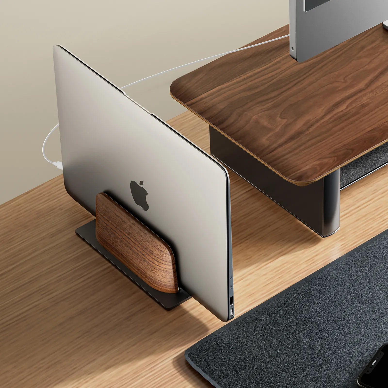 First Wave Vertical Laptop Stand – Premium Black Walnut Wood Dock for MacBook, MacBook Pro & All Laptops 13/14/15/15.6/17 inches – Space-Saving Wooden Laptop Holder for Desk Organization & Cooling