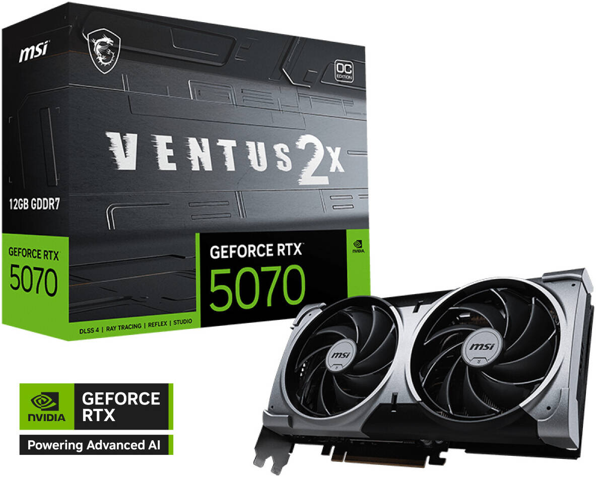 MSI GeForce RTX 5070 12GB Ventus 2X OC Graphics Card – Dual Fan Cooling, DLSS 3.5, Ray Tracing, Overclocked GPU for High-Performance 1440p & 4K Gaming