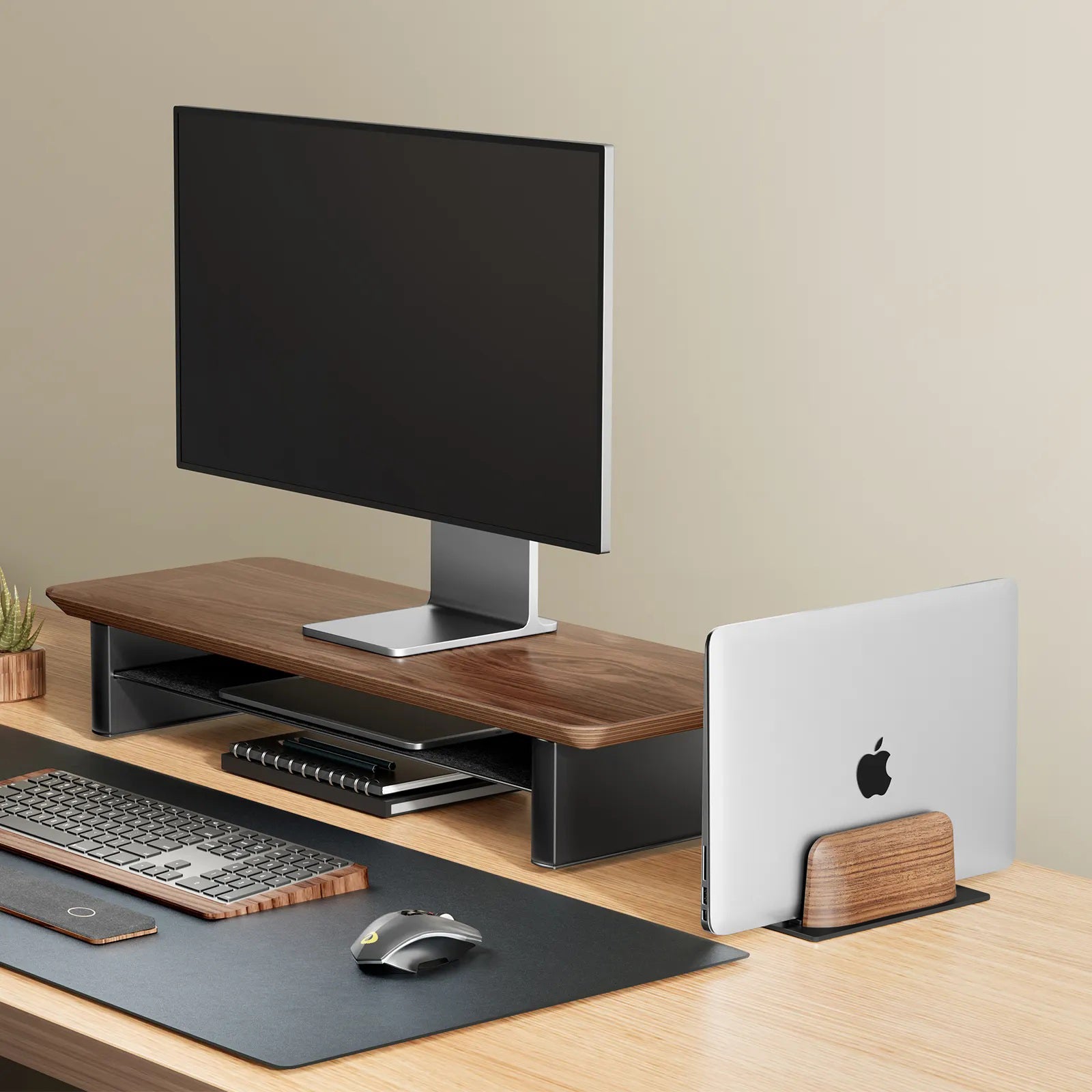 First Wave Vertical Laptop Stand – Premium Black Walnut Wood Dock for MacBook, MacBook Pro & All Laptops 13/14/15/15.6/17 inches – Space-Saving Wooden Laptop Holder for Desk Organization & Cooling