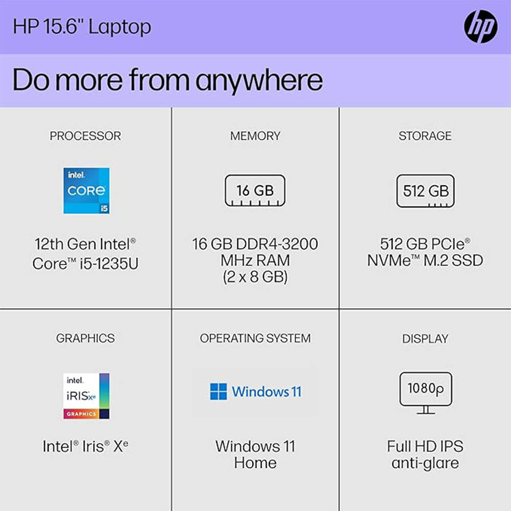 HP 15.6" Laptop (2023) | FHD Display | 12th Gen Intel Core i5 | 16GB RAM | 512GB SSD | Intel Iris Xe Graphics | Windows 11 Home | Model 15-dy5399nr