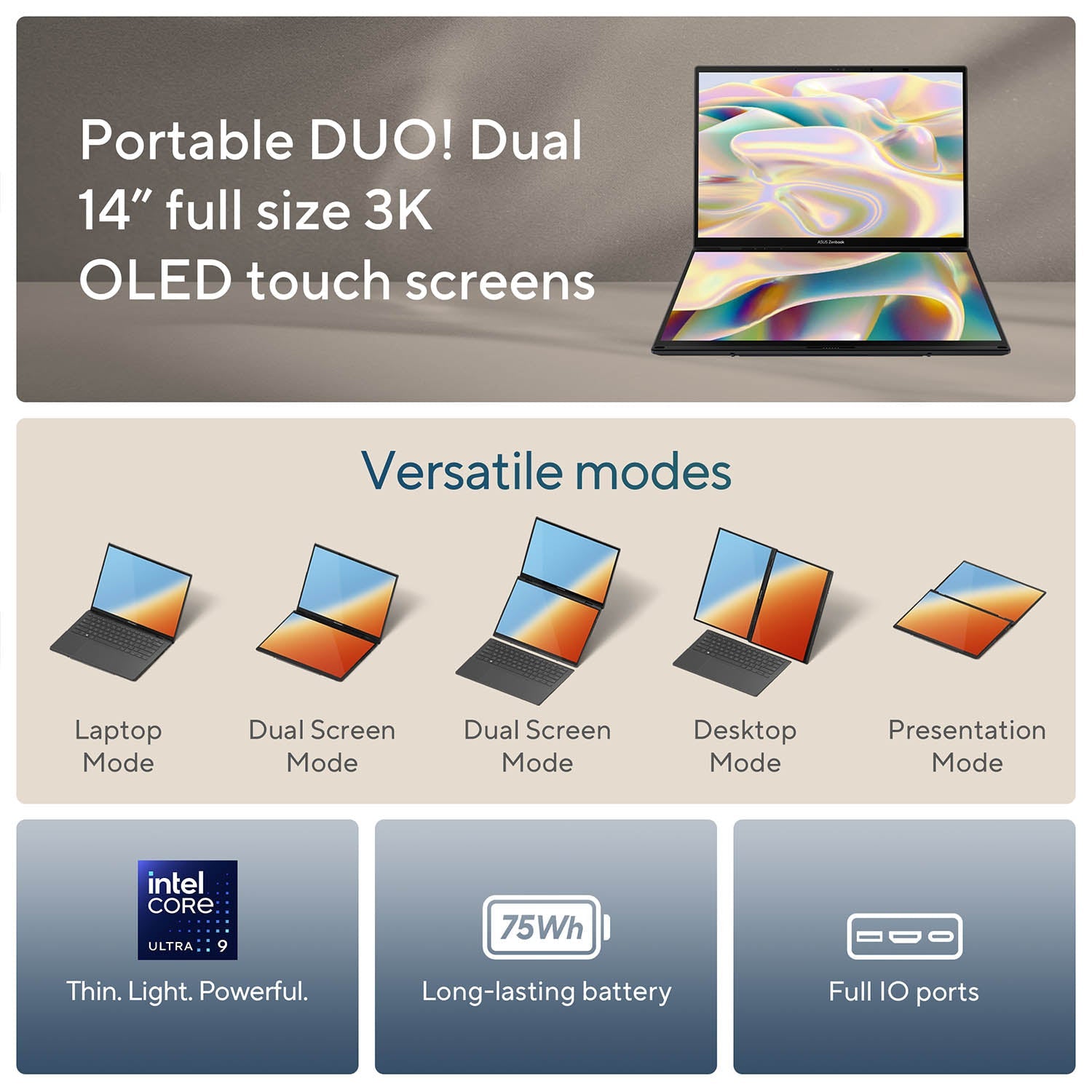 ASUS Zenbook Duo OLED (Intel ULTRA 7 155H, 16GB RAM, 1TB SSD, 14" 3K OLED Touch Display), Dual-Screen, Windows 11, 2-Year Warranty