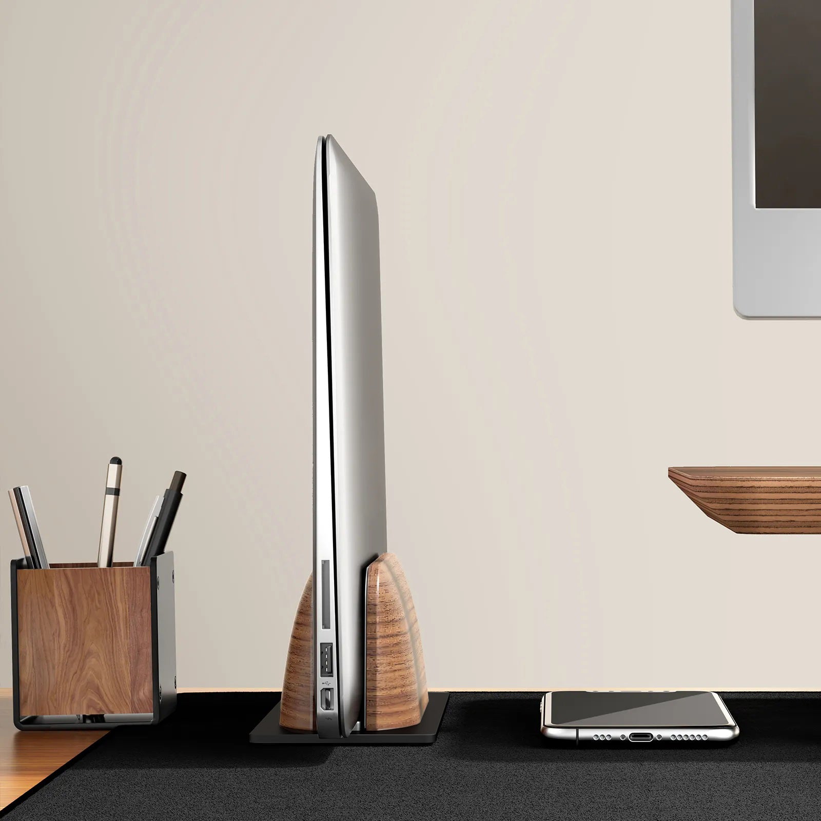 First Wave Vertical Laptop Stand – Premium Black Walnut Wood Dock for MacBook, MacBook Pro & All Laptops 13/14/15/15.6/17 inches – Space-Saving Wooden Laptop Holder for Desk Organization & Cooling