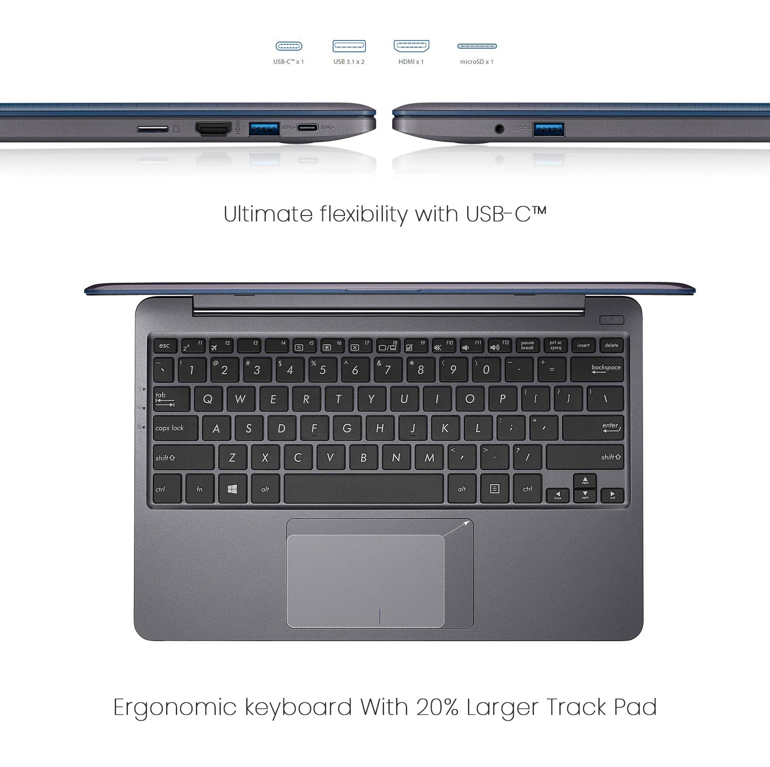 ASUS VivoBook E12 E203NA 11.6” HD Laptop | Intel Celeron N3350 | 4GB RAM | 256GB Storage (128GB eMMC + 128GB MicroSD), Win10, Eng/French KB | Includes 1st Wave 7-in-1 Hub, Antivirus, Mouse & pad