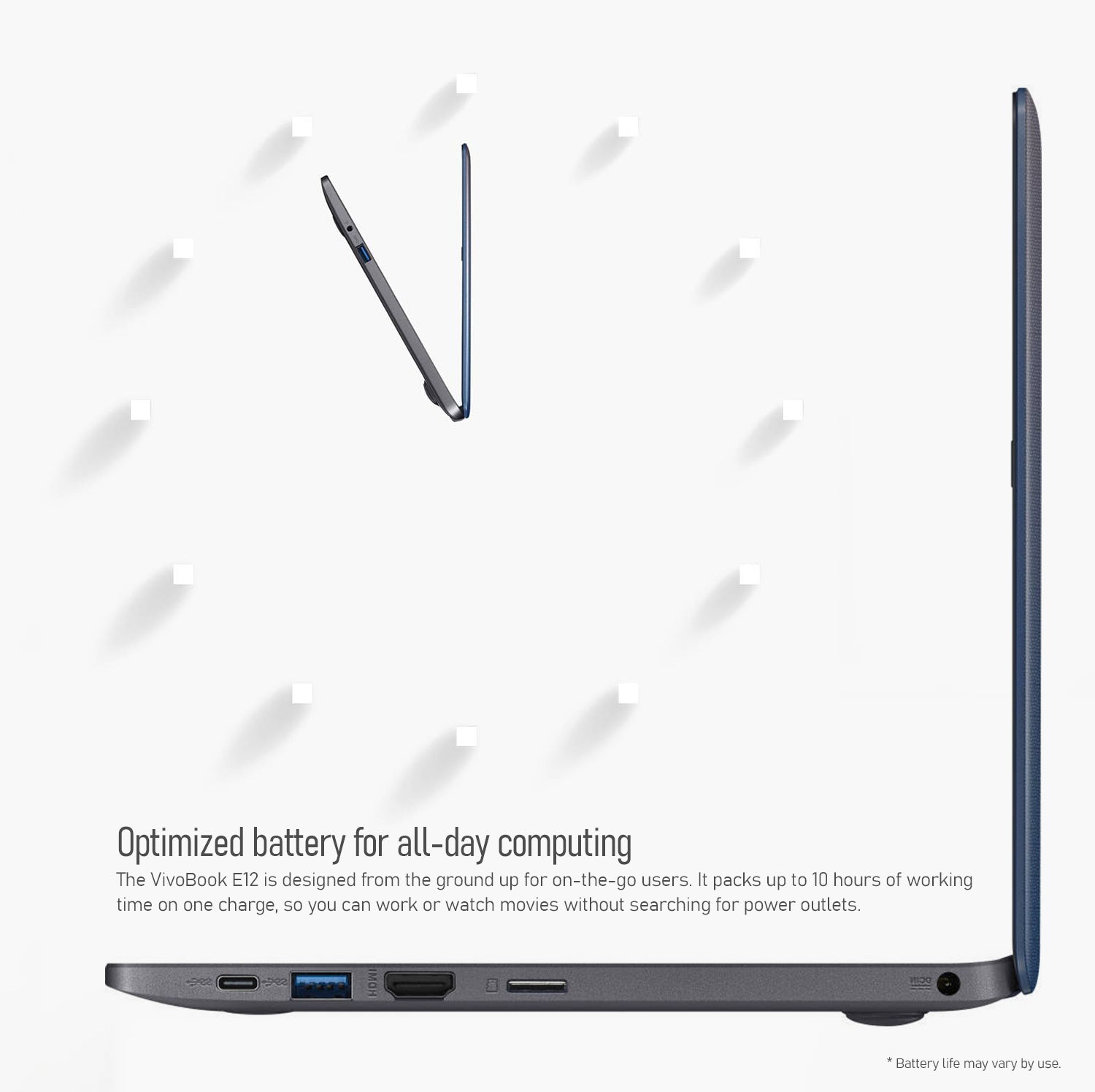 ASUS VivoBook E12 E203NA 11.6” HD Laptop | Intel Celeron N3350 | 4GB RAM | 256GB Storage (128GB eMMC + 128GB MicroSD), Win10, Eng/French KB | Includes 1st Wave 7-in-1 Hub, Antivirus, Mouse & pad