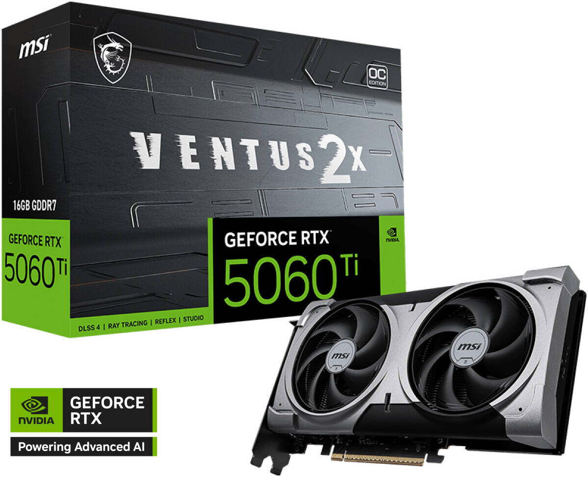 MSI GeForce RTX 5060 Ti 16GB Ventus 2X OC Plus Graphics Card – Dual Fan Cooling, DLSS 3.5, Ray Tracing, Overclocked GPU for High-Performance 1440p Gaming