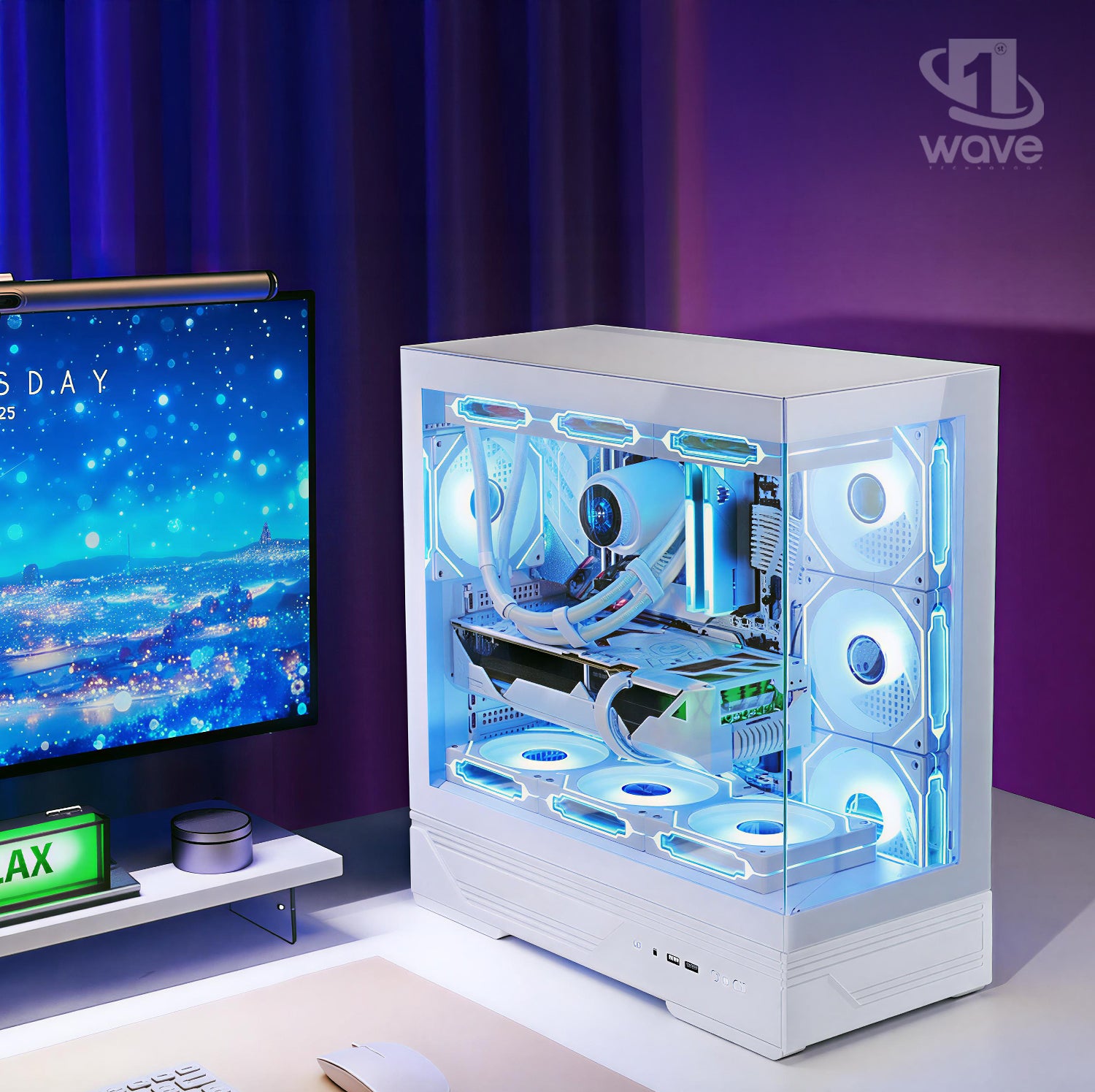 First Wave White Wolf Gaming PC – Intel Core i7 14th Gen, RTX 5060 8GB, 16,32,64GB DDR5 6000MHz, 1TB NVMe Gen4 SSD + 1TB SATA SSD, Liquid Cooled, 750W Modular PSU, White Gaming Case