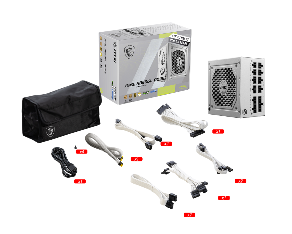 MSI MAG A850GL 850W White PSU – PCIe 5.0, 80 Plus Certified, High-Efficiency ATX Power Supply for Gaming & Workstations