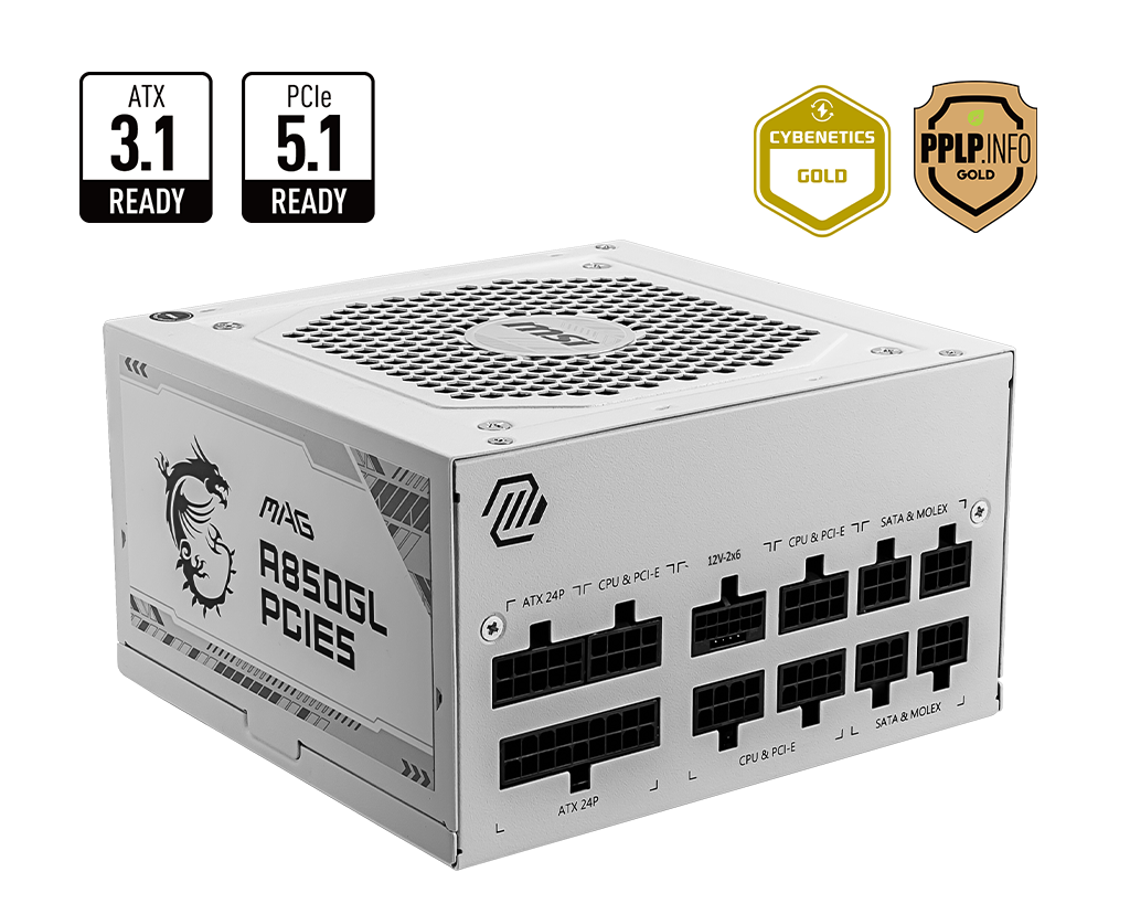MSI MAG A850GL 850W White PSU – PCIe 5.0, 80 Plus Certified, High-Efficiency ATX Power Supply for Gaming & Workstations