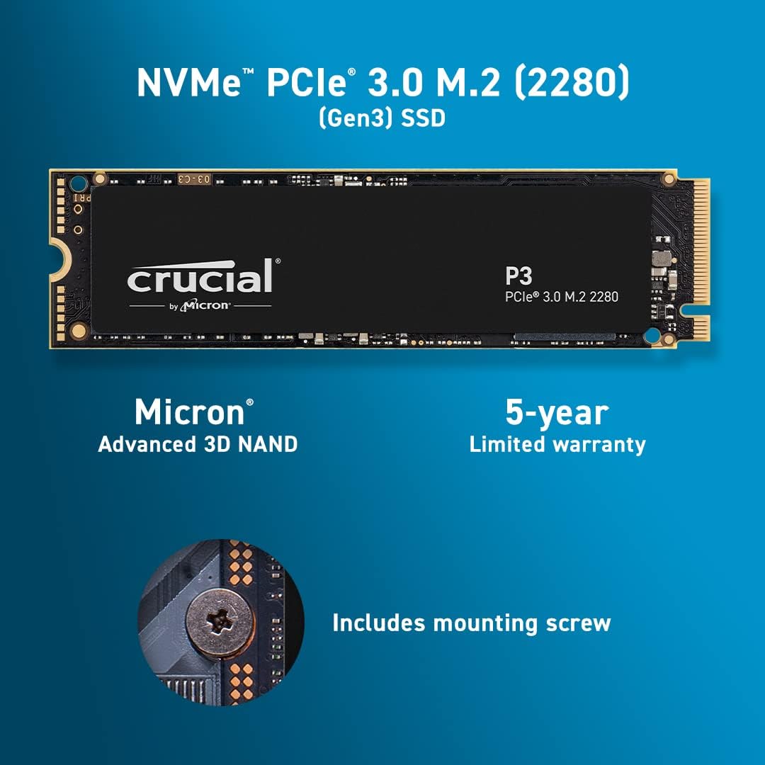 Crucial P3 1TB CT1000P3SSD8 PCIe 3.0, 3D NAND, NVMe, M.2 SSD, up to 3500MB/s, Black