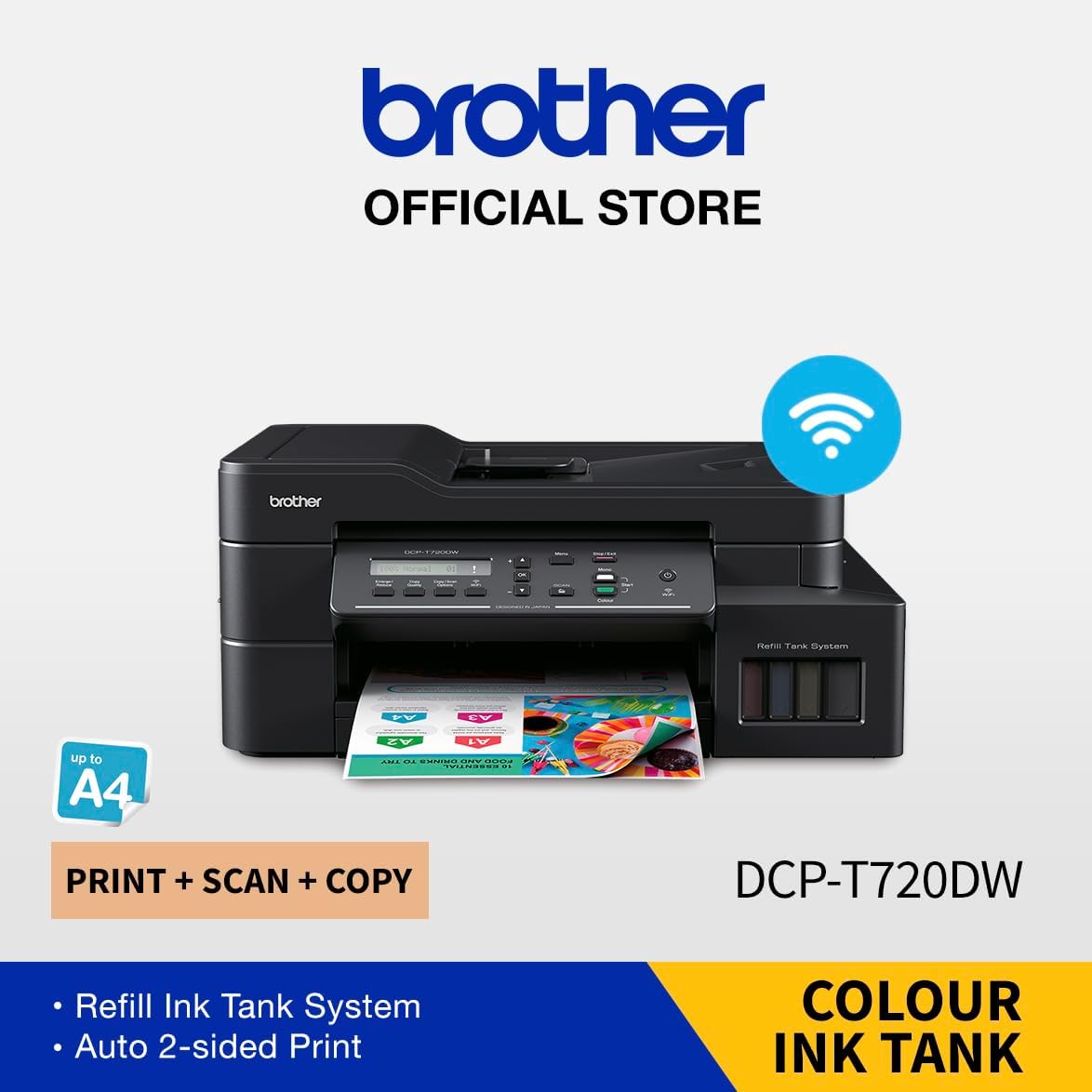 Brother Wireless All In One Ink Tank Printer, DCP-T720DW, Automatic 2 Sided Features, Mobile & Cloud Print And Scan, High Yield Ink Bottles