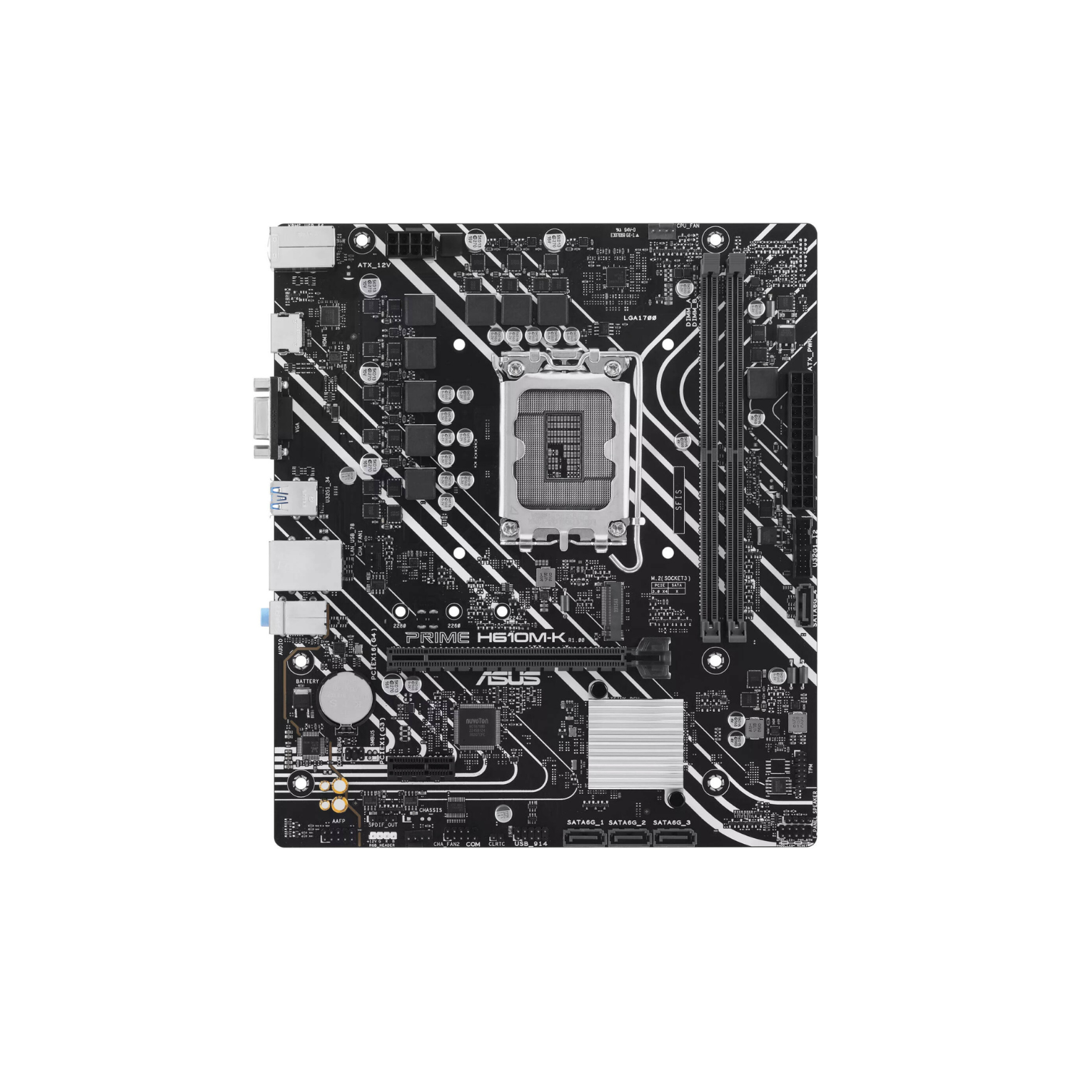ASUS PRIME H610M-K-AE – Micro-ATX LGA1700 Motherboard with DDR4 Support, PCIe 4.0, M.2 Slot, Realtek 1Gb Ethernet, HDMI™, D-Sub, USB 3.2 Gen 1, SATA 6 Gbps, COM Header, RGB Header.