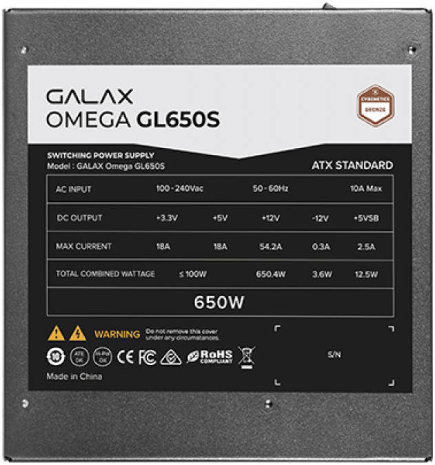 GALAX OMEGA GL650S 650W Power Supply – 80 Plus Bronze Certified, Silent 120mm Fan, Active PFC, High-Efficiency PSU for Gaming & Professional PCs with Stable and Reliable Performance