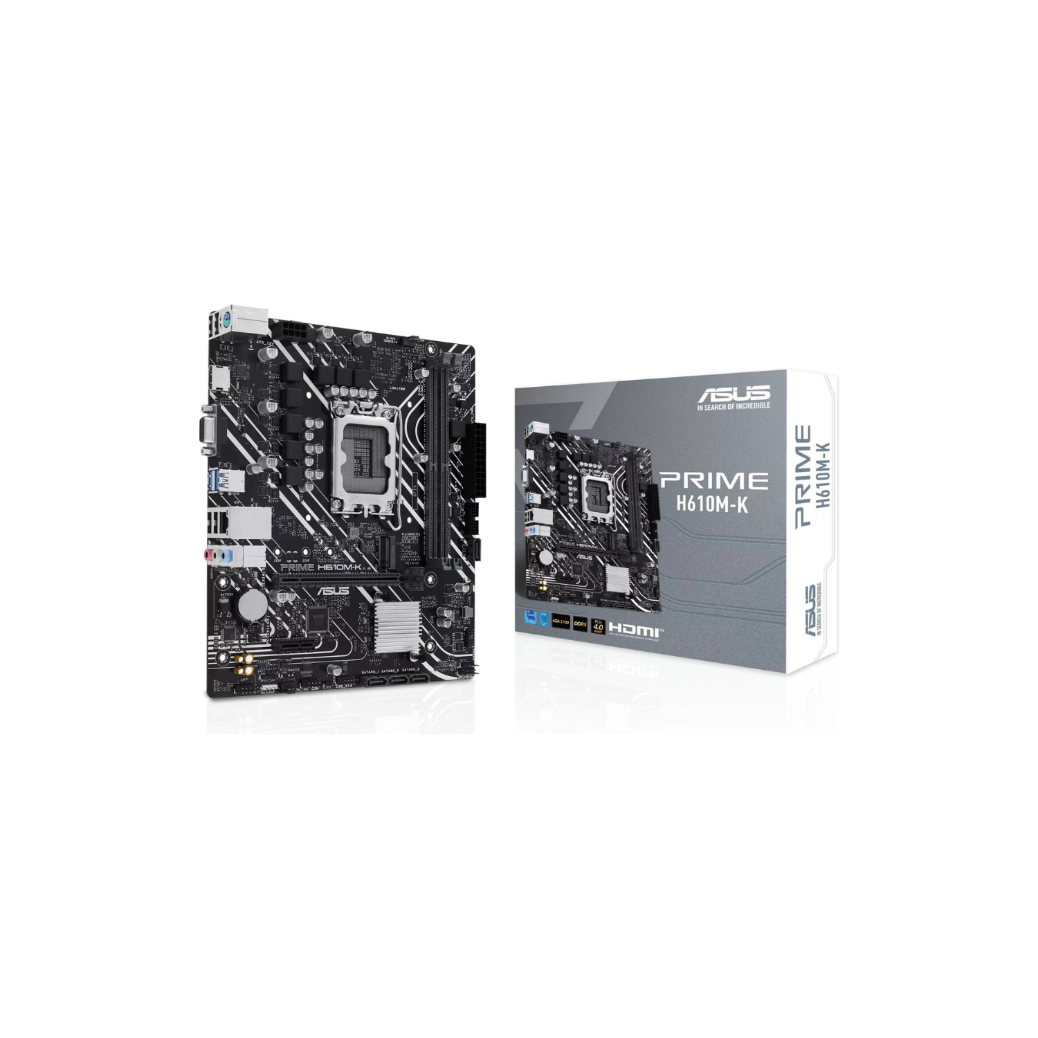 ASUS PRIME H610M-K-AE – Micro-ATX LGA1700 Motherboard with DDR4 Support, PCIe 4.0, M.2 Slot, Realtek 1Gb Ethernet, HDMI™, D-Sub, USB 3.2 Gen 1, SATA 6 Gbps, COM Header, RGB Header.