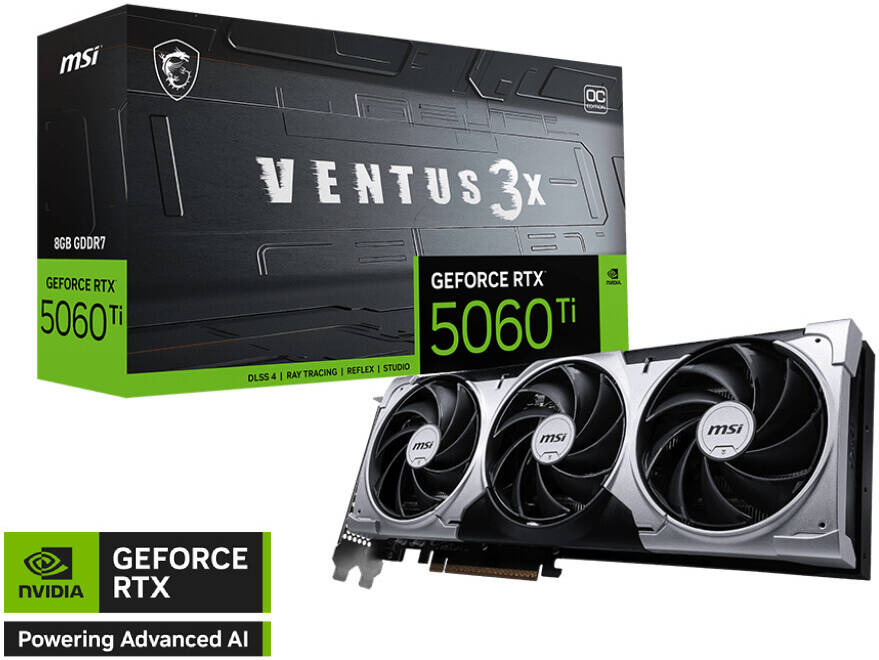 MSI GeForce RTX 5060 Ti 8GB VENTUS 3X OC Graphics Card – Triple Fan Cooling, Ray Tracing, DLSS 3.5, Overclocked Performance GPU
