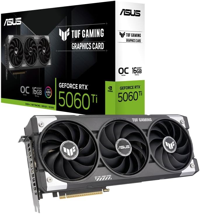 ASUS TUF Gaming GeForce RTX 5060 Ti Overclocked Edition Graphics Card – 16GB GDDR6, PCIe 4.0, Military-Grade Components, Axial-Tech Fans, Dual Ball Bearings