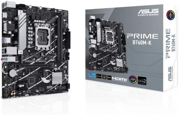 ASUS PRIME B760M-K-AE   Micro-ATX LGA1700 Motherboard with DDR5, PCIe 4.0, Dual M.2, Realtek 2.5Gb Ethernet, HDMI VGA, USB 3.2 Gen 1, Aura Sync RGB