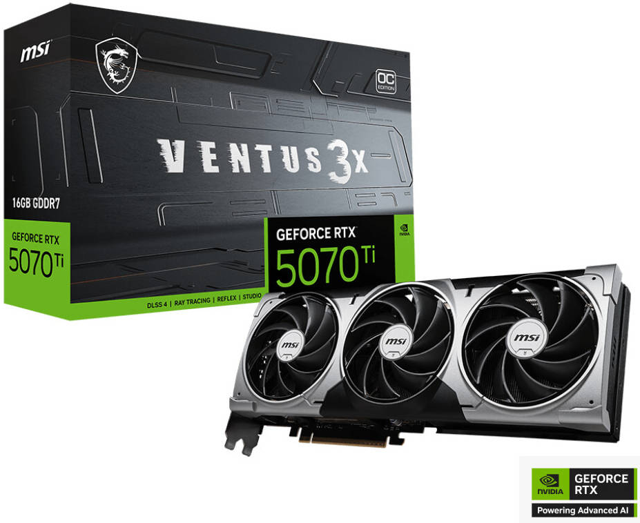 MSI GeForce RTX 5070 Ti 16GB VENTUS 3X OC Graphics Card – Triple-Fan Cooling, Ray Tracing, DLSS 3, High-Performance Overclocked Gaming GPU
