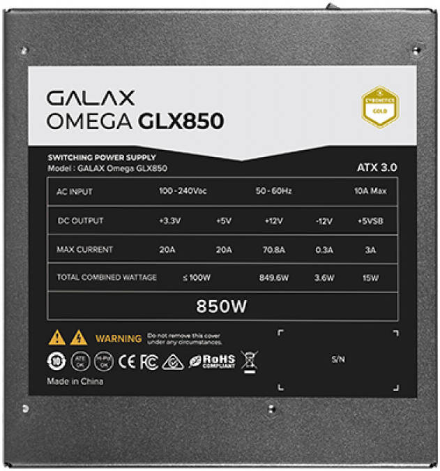 GALAX OMEGA GLX850 850W Fully Modular Power Supply – 80 Plus Gold Certified, Japanese Capacitors, Silent 120mm Fan, PCIe 5.0 Ready, Compact Design for Gaming & High-Performance PCs