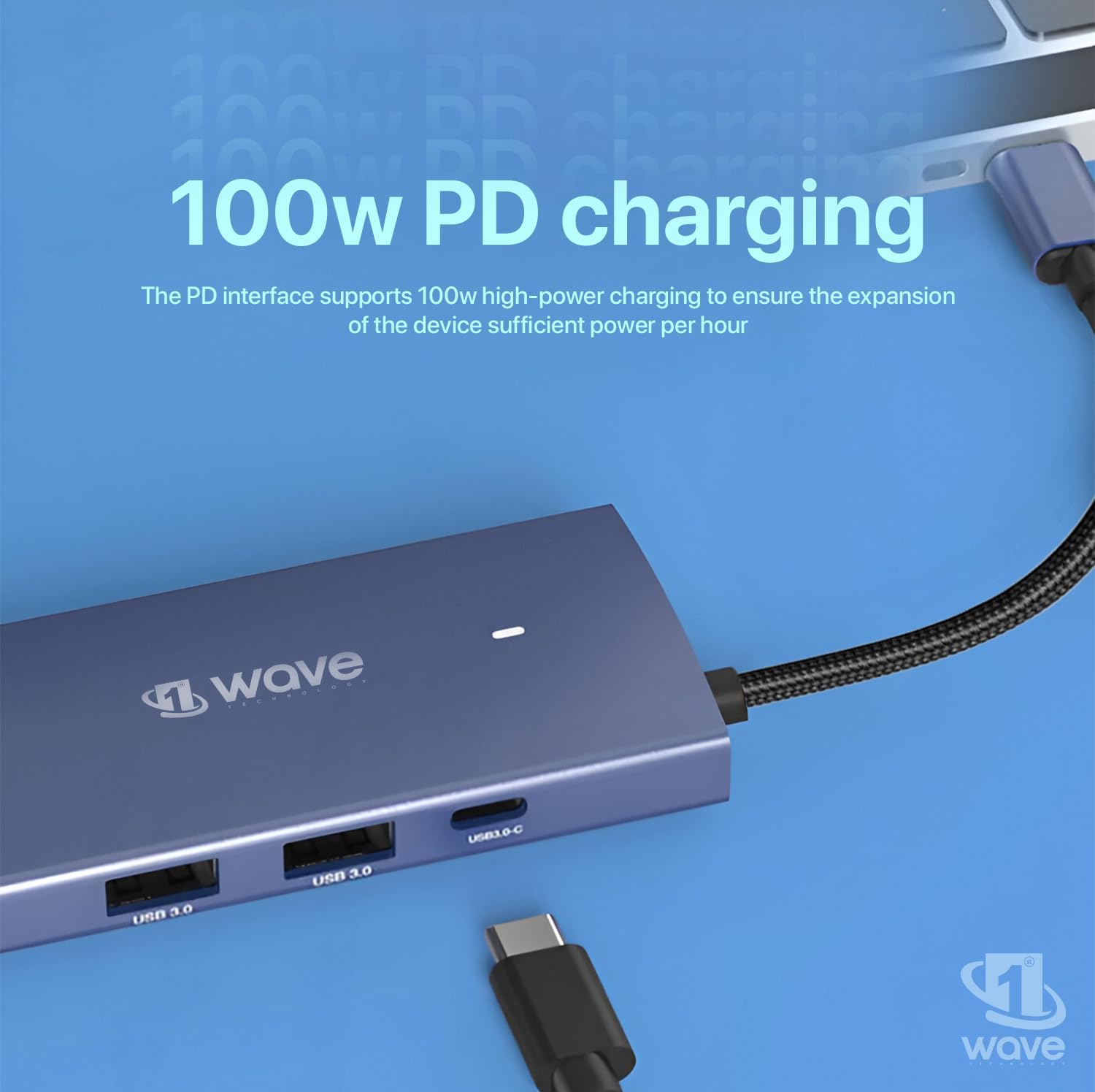 First Wave PocketHub 6-in-1 USB-C Docking Hub – 4K HDMI 2.0, 100W PD Charging, RJ45 GbE LAN, USB-C, 2× USB 3.2 Ports, Portable Multiport Adapter for Laptop, MacBook Pro/Air, iPad, PC, Metallic Blue