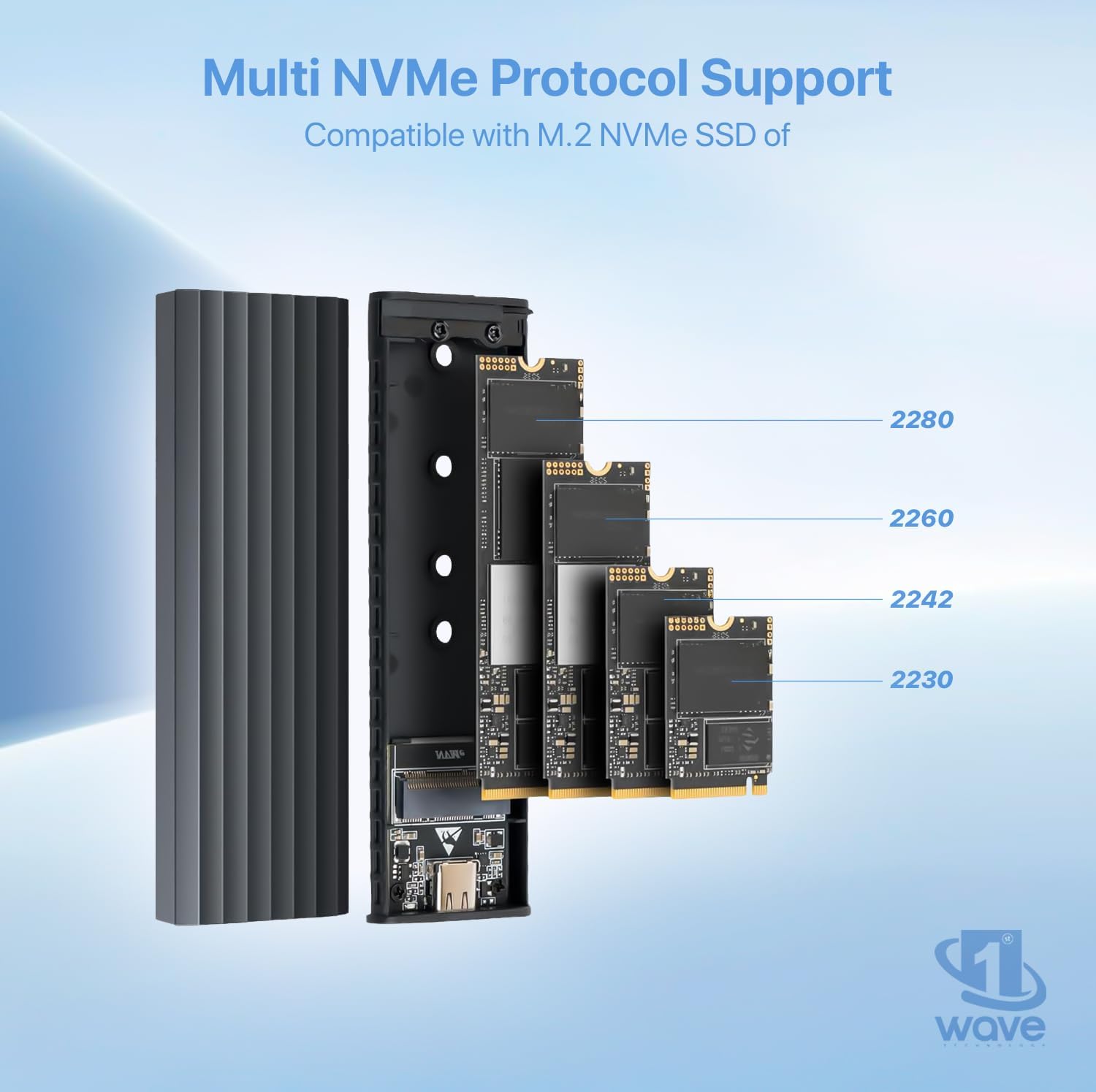 First Wave ArmorDrive NVMe Enclosure – Tool-Free M.2 PCIe SSD Adapter, USB 3.2 Gen 2 Type-C, LED Indicator, Metal Body with Rubber Casing for M.2 2230/2242/2260/2280 SSDs, Midnight Black