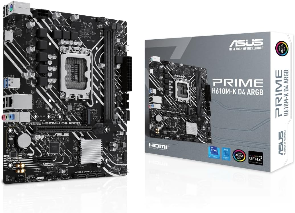 ASUS PRIME H610M-R-SI-AE   Micro-ATX LGA1700 Motherboard with DDR5, PCIe 4.0, M.2 Slot, Realtek 1Gb Ethernet, HDMI, DisplayPort, VGA, USB 3.2 Gen 1, SATA 6 Gbps, COM Header, LPT Header.