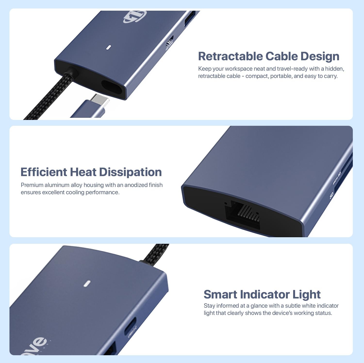 First Wave ProHub 9-in-1 USB-C Dock Hub – 4K HDMI 2.0, 100W PD, RJ45 GbE LAN, USB-C, 2× USB 3.2, USB 2.0, Micro SD & SD Card Slots, Portable Multiport Adapter for Laptop, MacBook, iPad, Metallic Blue
