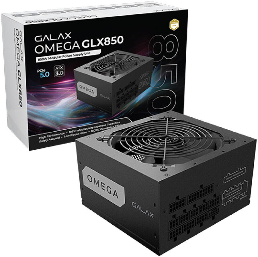 GALAX OMEGA GLX850 850W Fully Modular Power Supply – 80 Plus Gold Certified, Japanese Capacitors, Silent 120mm Fan, PCIe 5.0 Ready, Compact Design for Gaming & High-Performance PCs