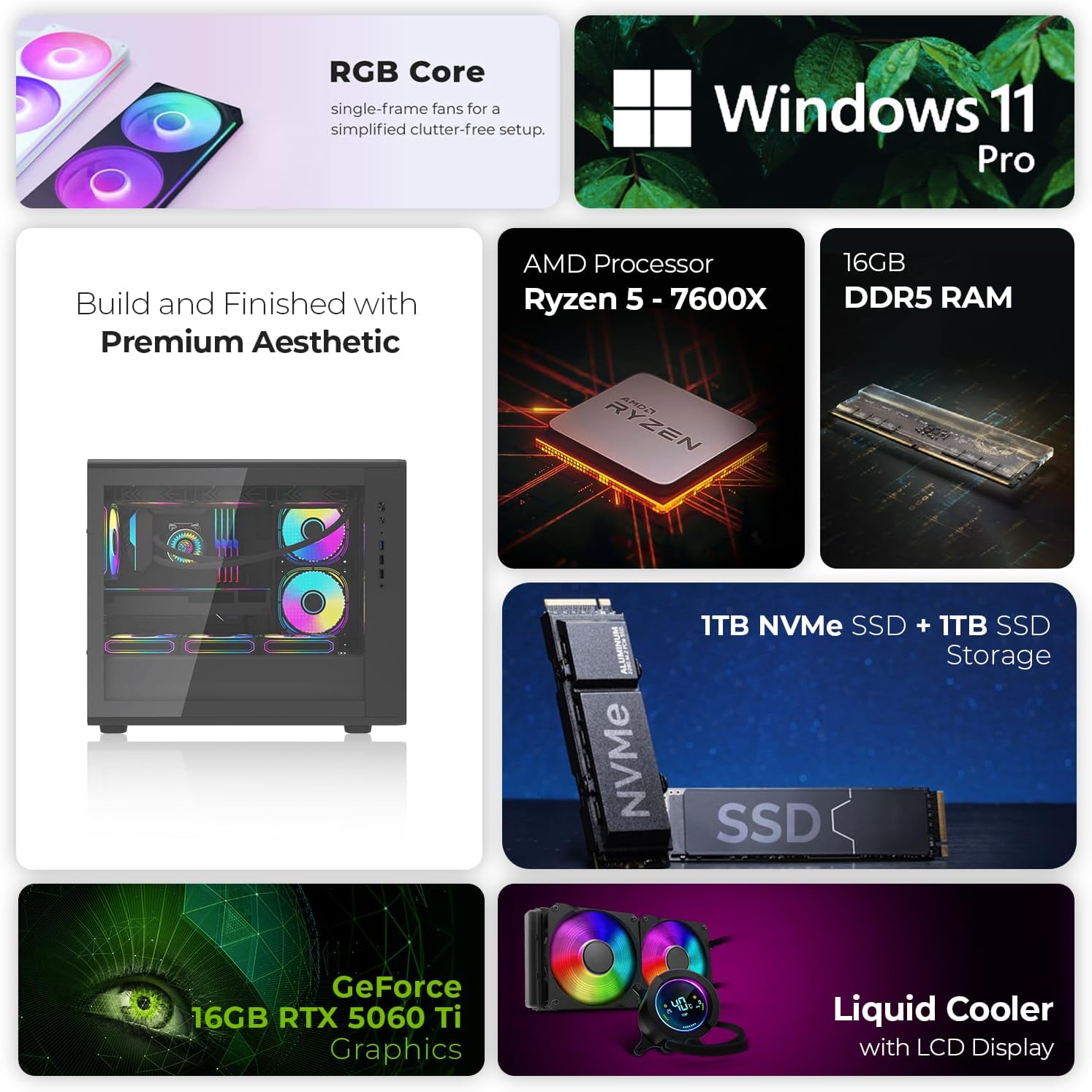 First Wave StormX Gaming PC – AMD Ryzen 5-7600, 16GB RTX 5060 Ti Graphics, DDR5 RGB RAM, 2TB SSD (1TB NVMe + 1TB SATA), WiFi, ARGB Cooling, Windows 11 Pro, 2Y Warranty