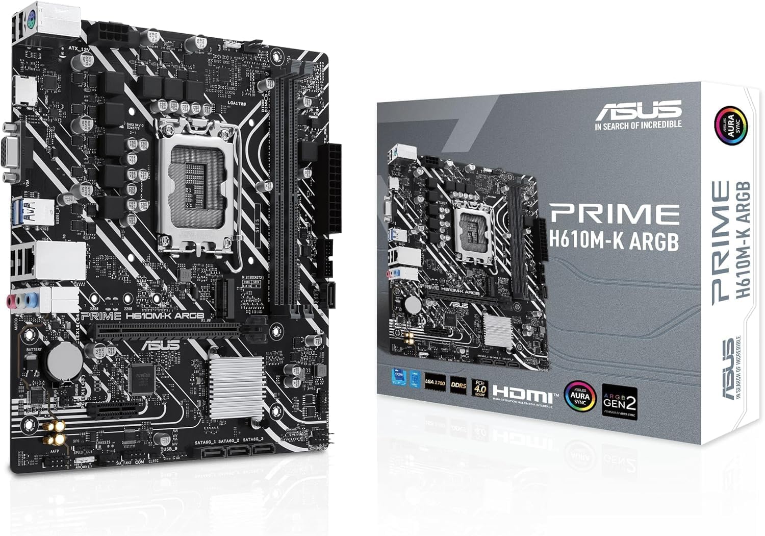 ASUS Prime H610M-K ARGB Motherboard – LGA1700, Intel H610 Chipset, USB 3.2 Gen 1, M.2, Aura Sync RGB, Micro-ATX