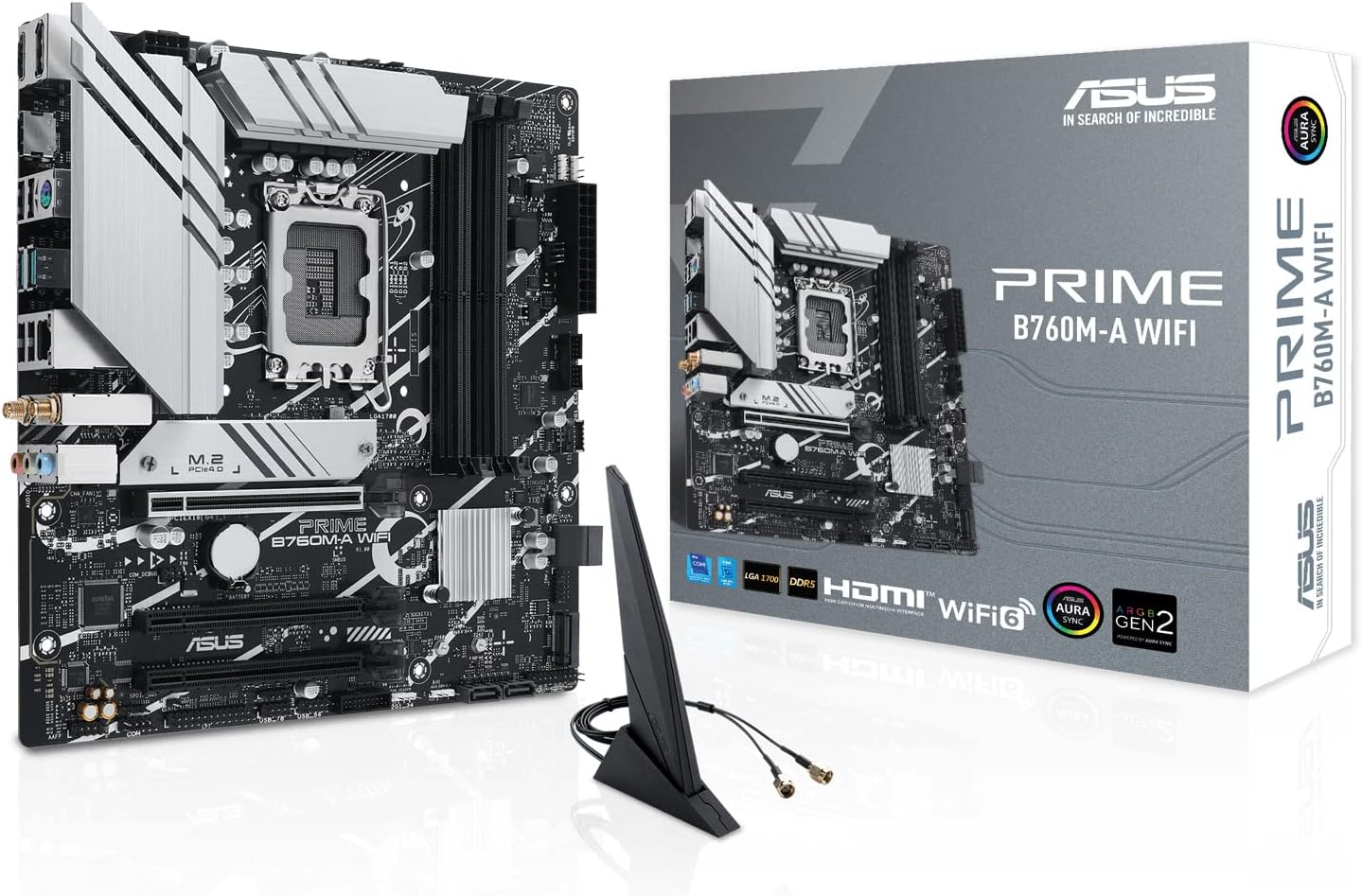 ASUS?PRIME?B760M?A?WIFI?AE – mATX LGA1700 Motherboard with DDR5?7200+?OC, PCIe?4.0, Dual M.2, Wi?Fi?6, Realtek?2.5?Gb Ethernet, USB?3.2 Gen?2/C, DP & Dual HDMI™, BIOS FlashBack™ & Aura Sync RGB