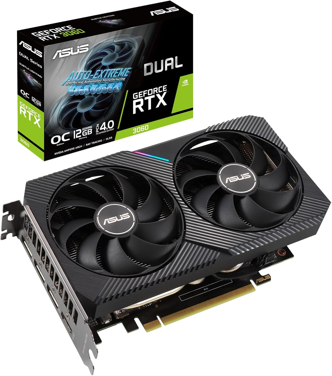 DUAL-RTX3060-O12G-V2-AE – Dual NVIDIA GeForce RTX 3060 Graphics Cards with 12GB GDDR6 Memory Each, PCIe 4.0, and Enhanced Cooling System