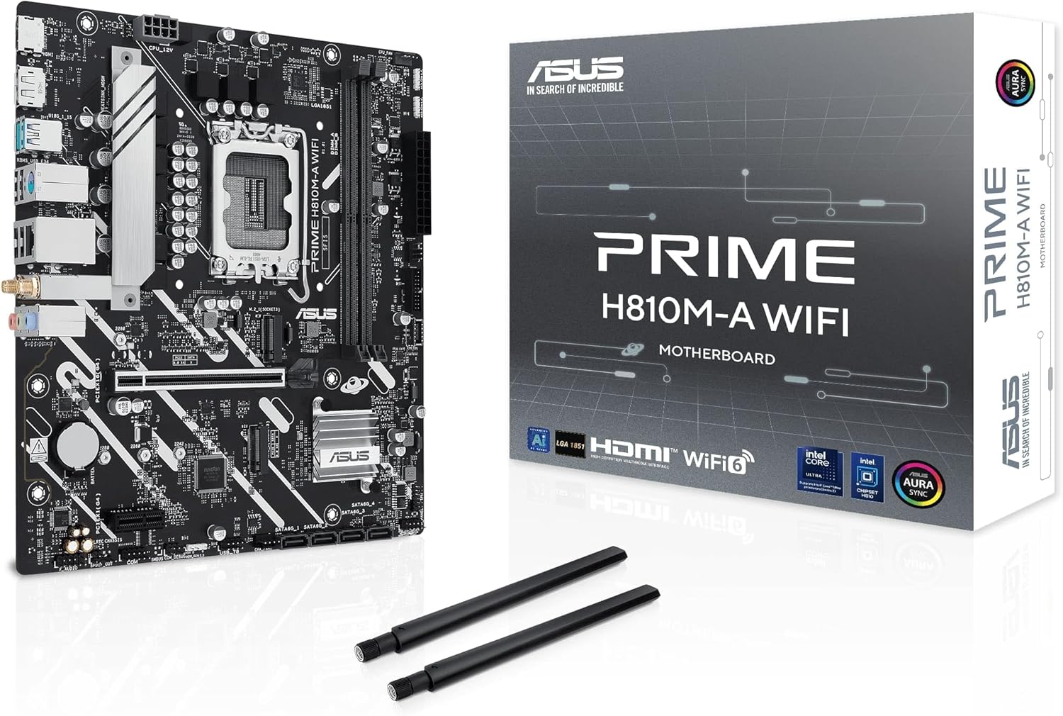 ASUS PRIME H810M-A WIFI-CSM – Micro-ATX LGA1851 Motherboard with DDR5, PCIe 4.0, Dual M.2, Intel 1Gb Ethernet, Wi-Fi 6, HDMI™, DisplayPort, USB 10Gbps, USB 5Gbps Type-C, Aura Sync RGB.