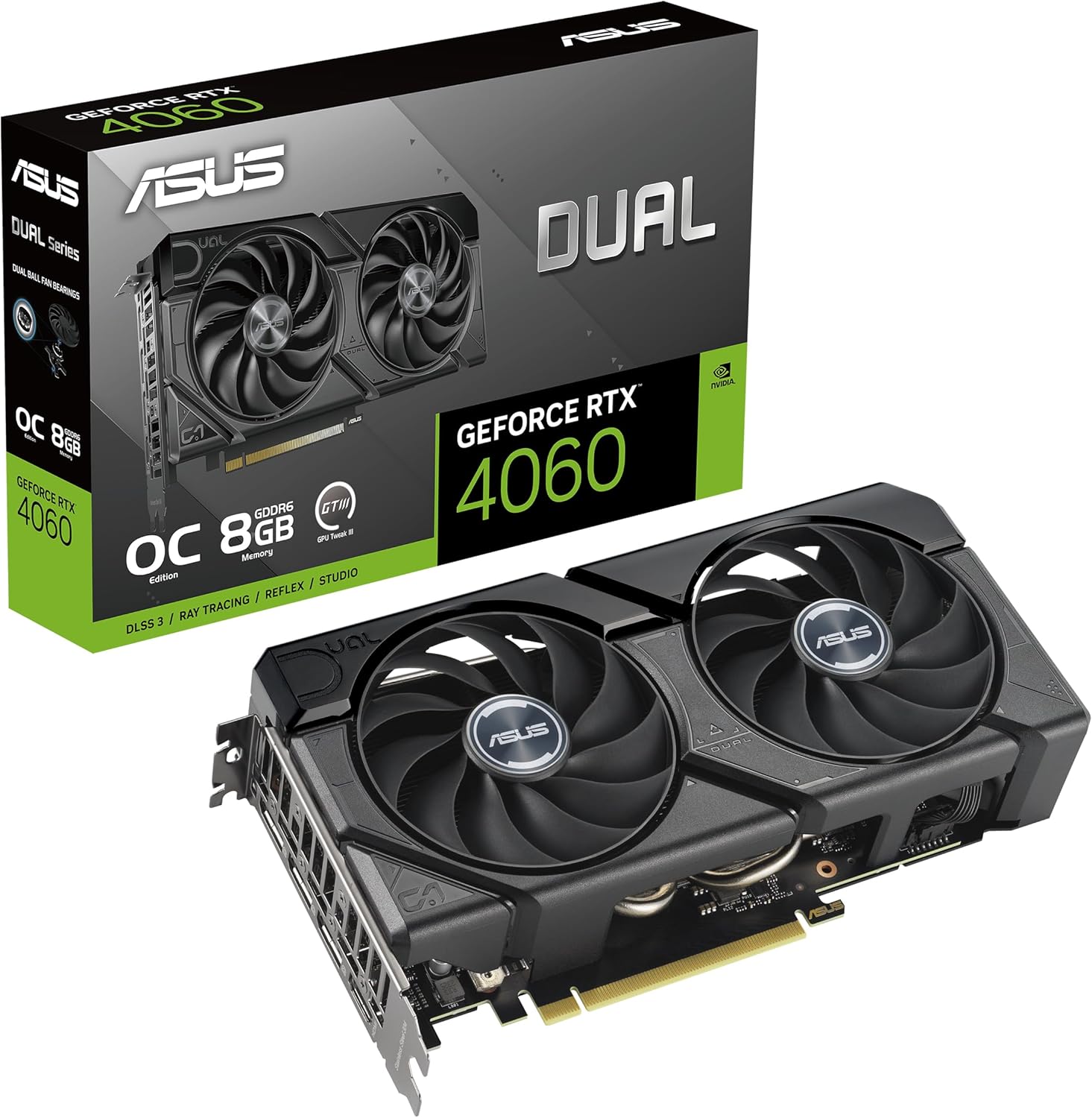 DUAL-RTX4060-O8G-EVO-AE – Dual NVIDIA GeForce RTX 4060 Graphics Cards with 8GB GDDR6 Memory Each, PCIe 4.0, and Advanced EVO Cooling Technology
