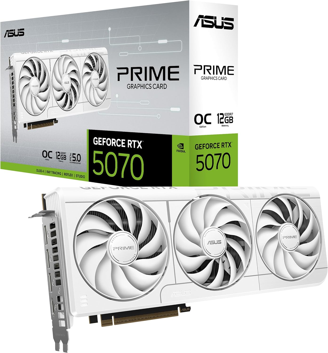PRIME-RTX5070-O12G-WHITE-AE – NVIDIA GeForce RTX 5070 Graphics Card with 12GB GDDR6 Memory, PCIe 4.0, and Advanced Cooling in Sleek White Design