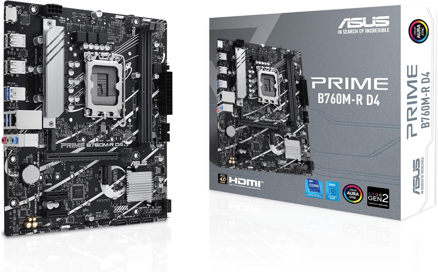 ASUS PRIME B760M-R D4-AE – Micro-ATX LGA1700 Motherboard supporting DDR4 Memory, PCIe 4.0, Dual M.2 Slots, Realtek 2.5Gb Ethernet, HDMI™, DisplayPort, USB 3.2 Gen 1, and Aura Sync RGB Lighting.
