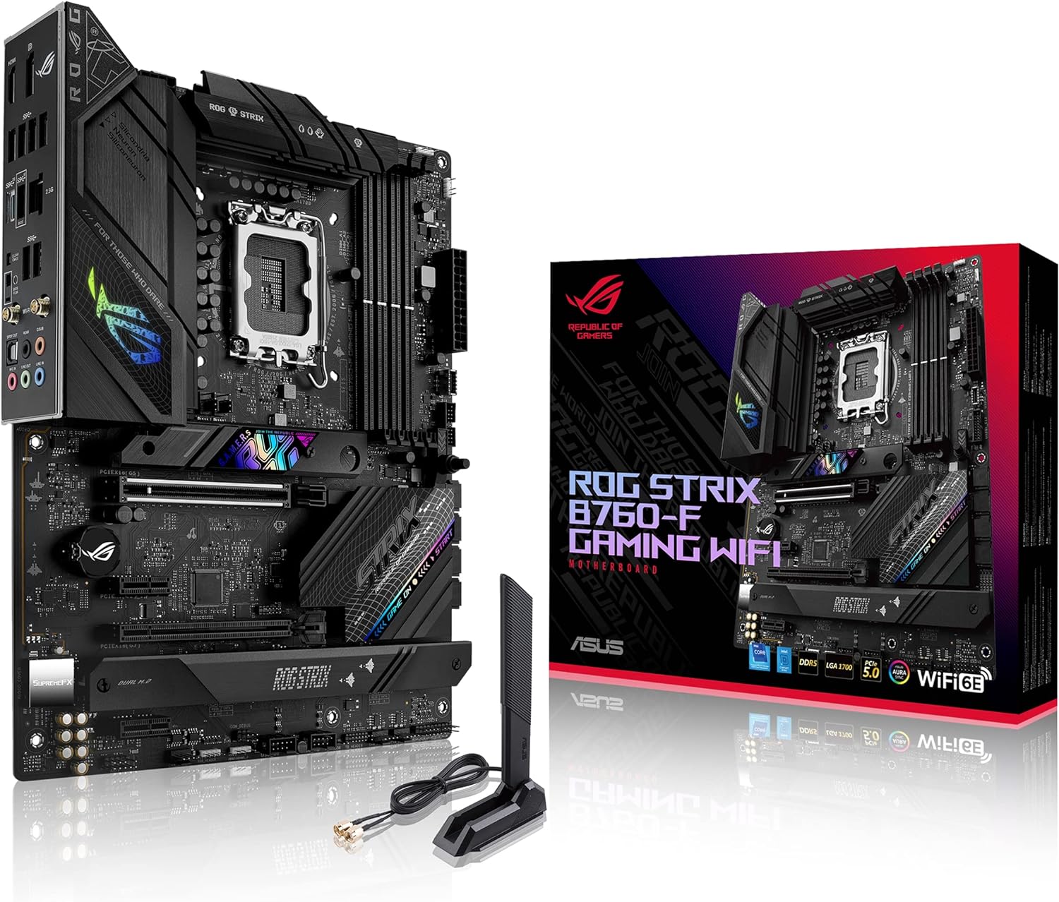 ASUS ROG STRIX B760?F?GAMING?WIFI?AE – ATX LGA1700 Motherboard with DDR5?7800+?OC, PCIe?5.0, Triple M.2, Wi?Fi?6E, 2.5?Gb Ethernet, USB?20?Gbps Type?C, SupremeFX ALC4080 Audio & Aura Sync RGB