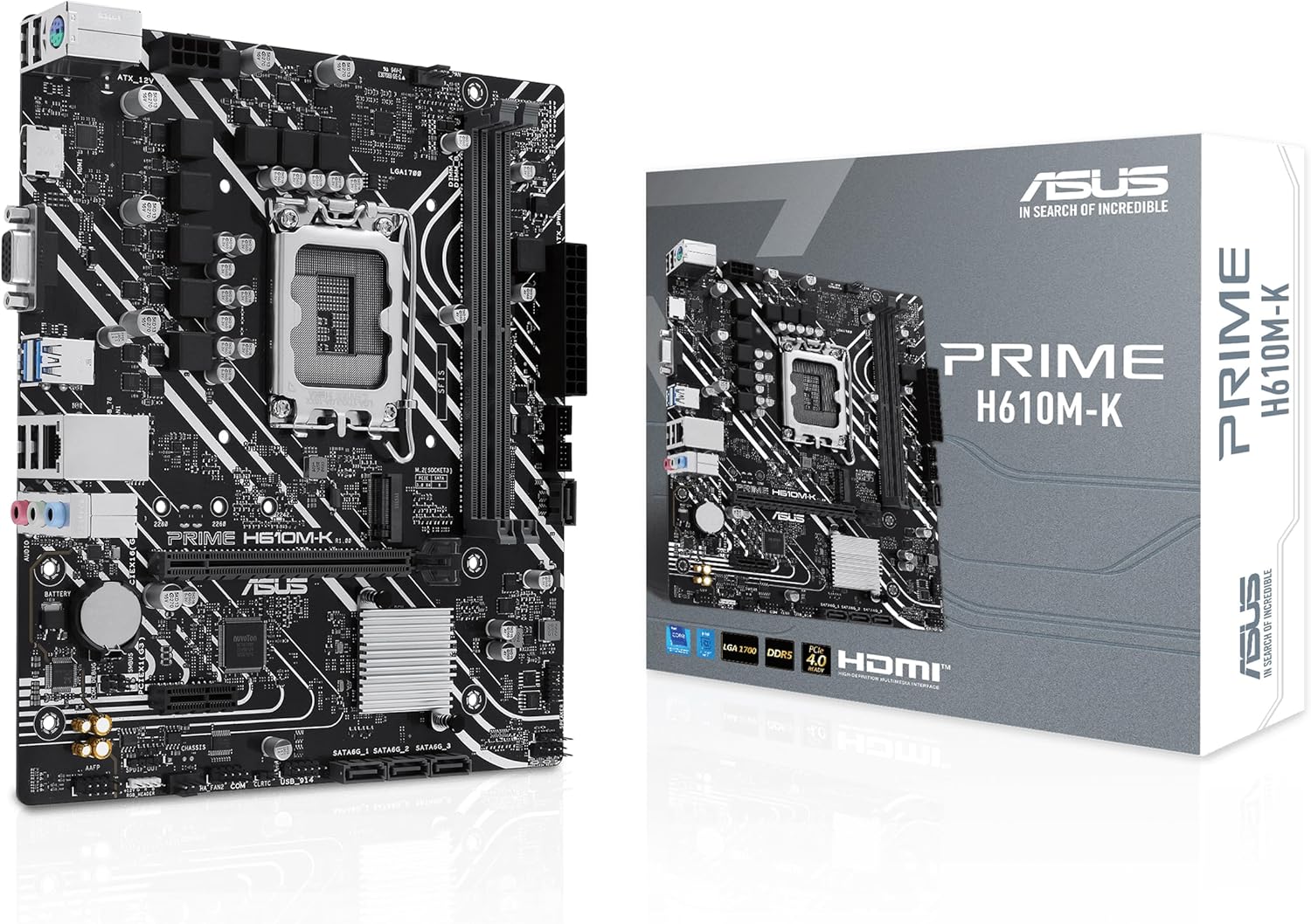ASUS PRIME H610M-D D4 – Micro-ATX LGA1700 Motherboard with DDR4 Support, PCIe 4.0, M.2 Slot, Realtek 1Gb Ethernet, HDMI™, D-Sub, USB 3.2 Gen 1, SATA 6 Gbps, COM Port, LPT Header, RGB Header.