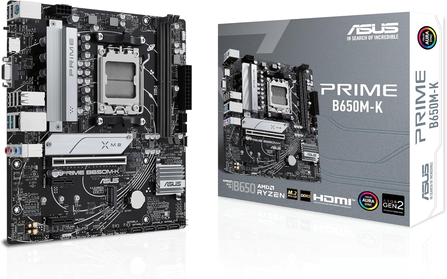 ASUS PRIME B650M-K-AE – Micro-ATX AM5 Motherboard with DDR5-6400+ OC, PCIe 5.0, 2.5Gb Ethernet, USB 3.2 Gen 2 Type-C, DisplayPort, HDMI™, BIOS FlashBack™, Aura Sync RGB & Enhanced Durability
